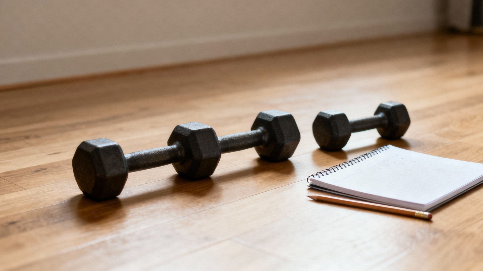 Three black dumbbells of varying sizes on a wooden floor with a notebook and pencil.