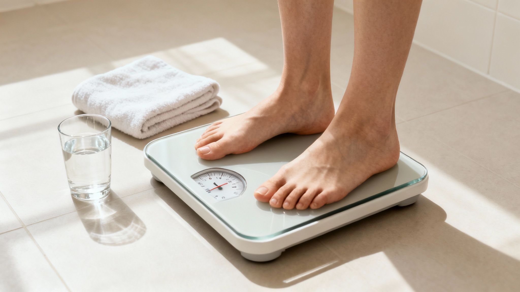 A person stands barefoot on a white weighing scale next to a glass of water and a towel.