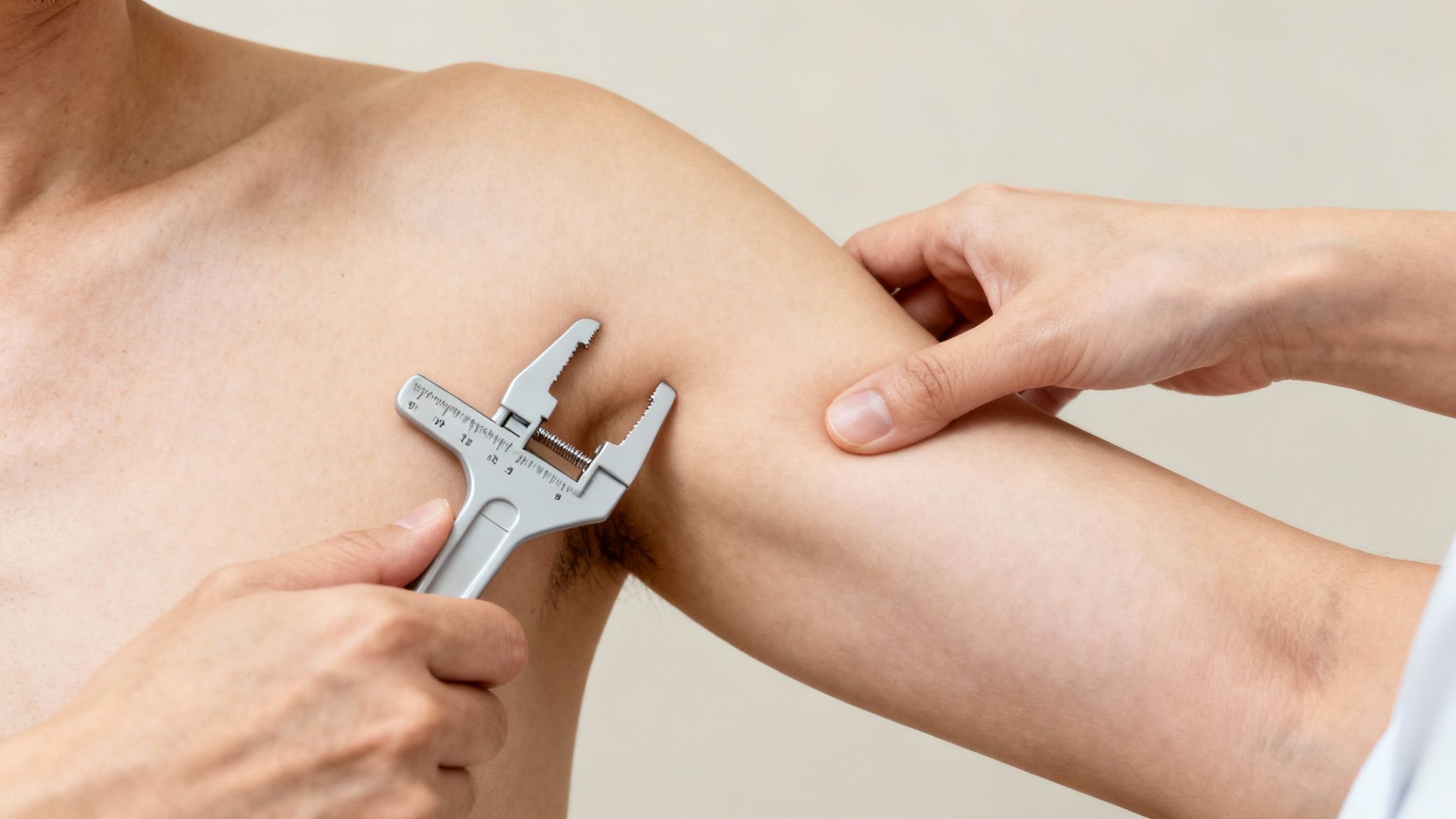A close-up shows hands using a body fat caliper to measure skinfold on a person's upper arm.