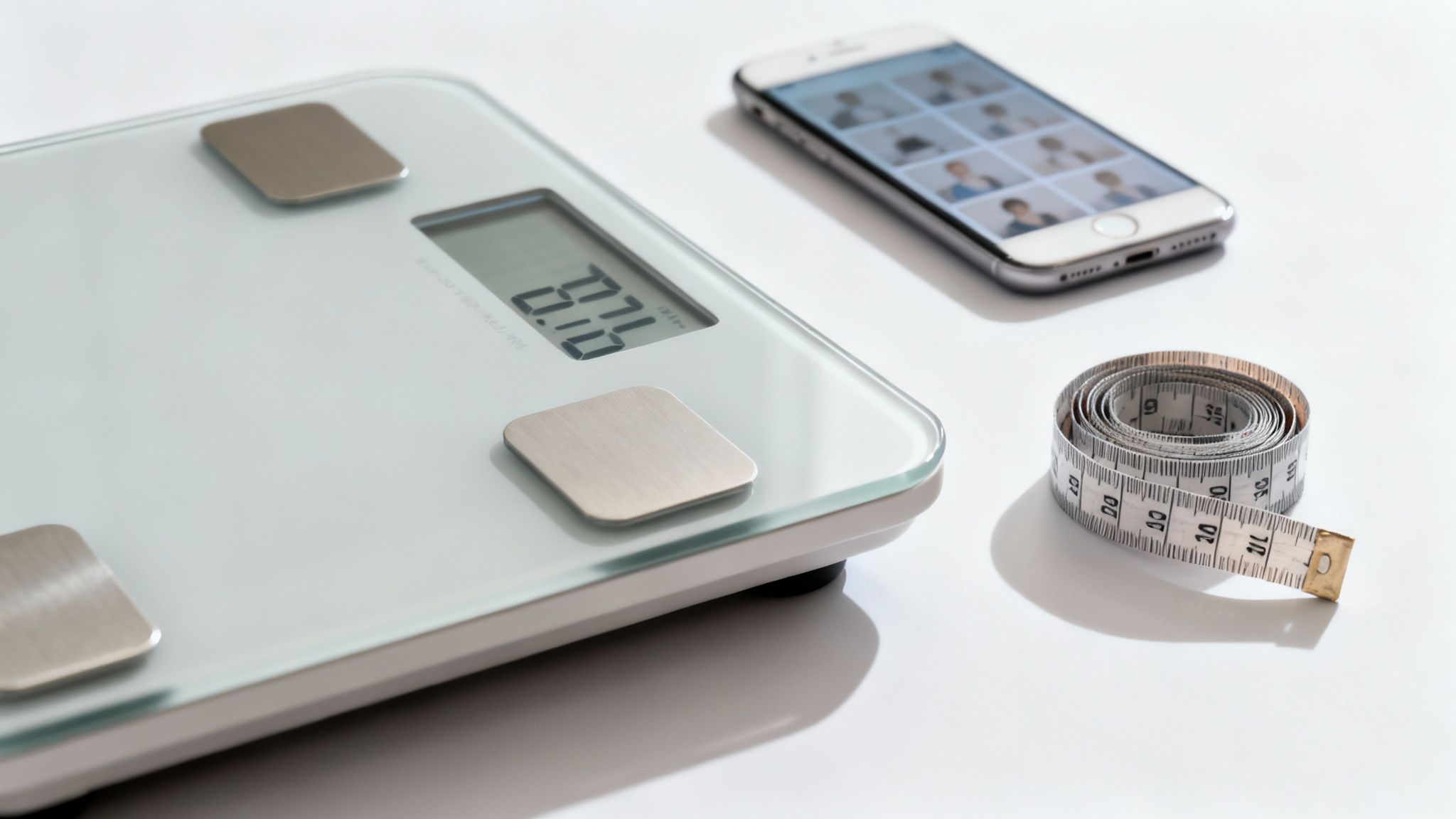 Digital smart scale showing 87.6, smartphone with fitness app, and measuring tape for health tracking.