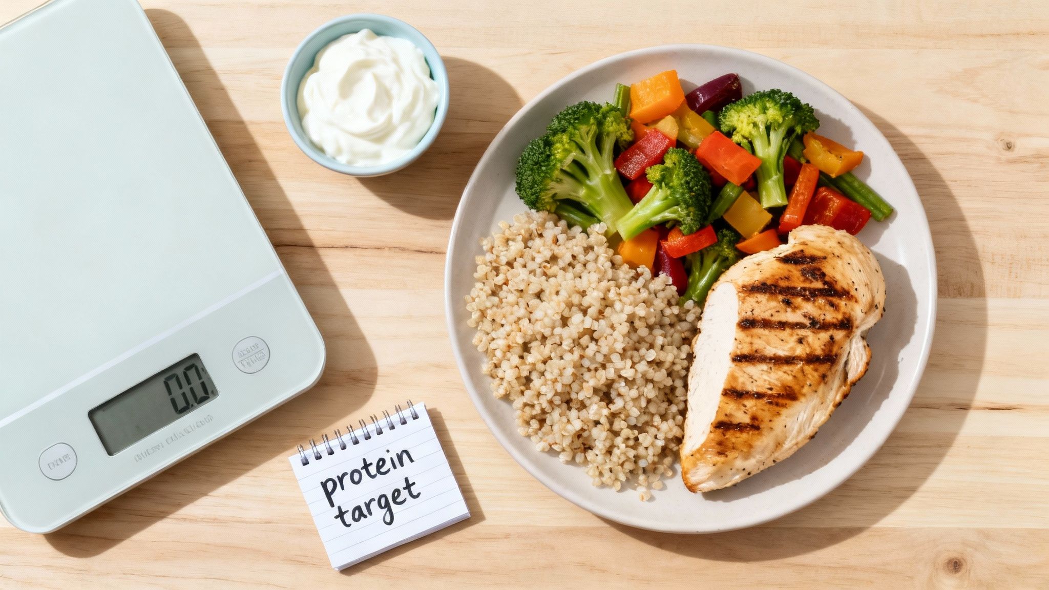 A healthy meal with grilled chicken, quinoa, mixed vegetables, a food scale, and a 'protein target' note.
