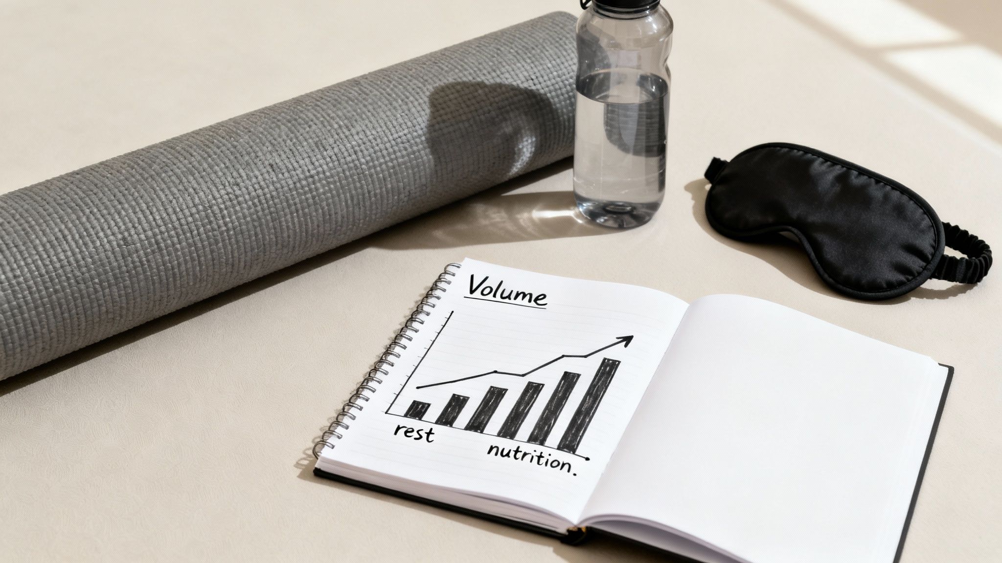 A rolled yoga mat, water bottle, sleep mask, and notebook showing a "Volume" progress chart.