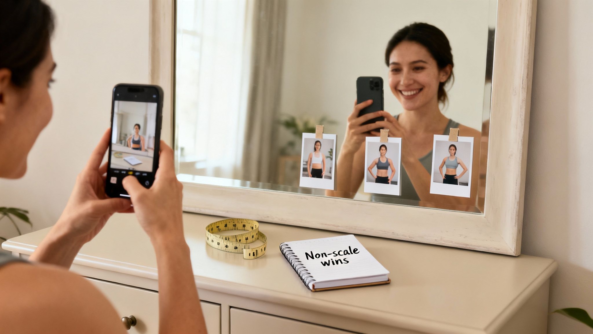 A woman takes a mirror selfie, tracking fitness progress with photos, a measuring tape, and a "non-scale wins" notebook.