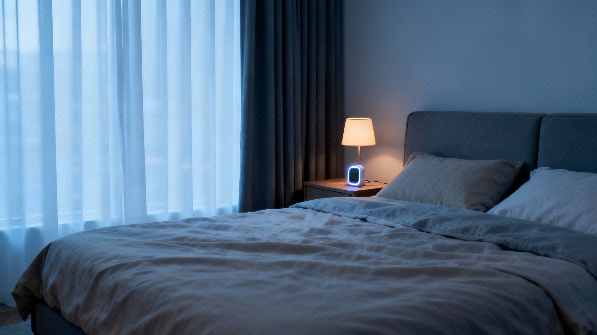 A dim, cozy bedroom scene at night with a bed, a bedside lamp, and a glowing smart device.