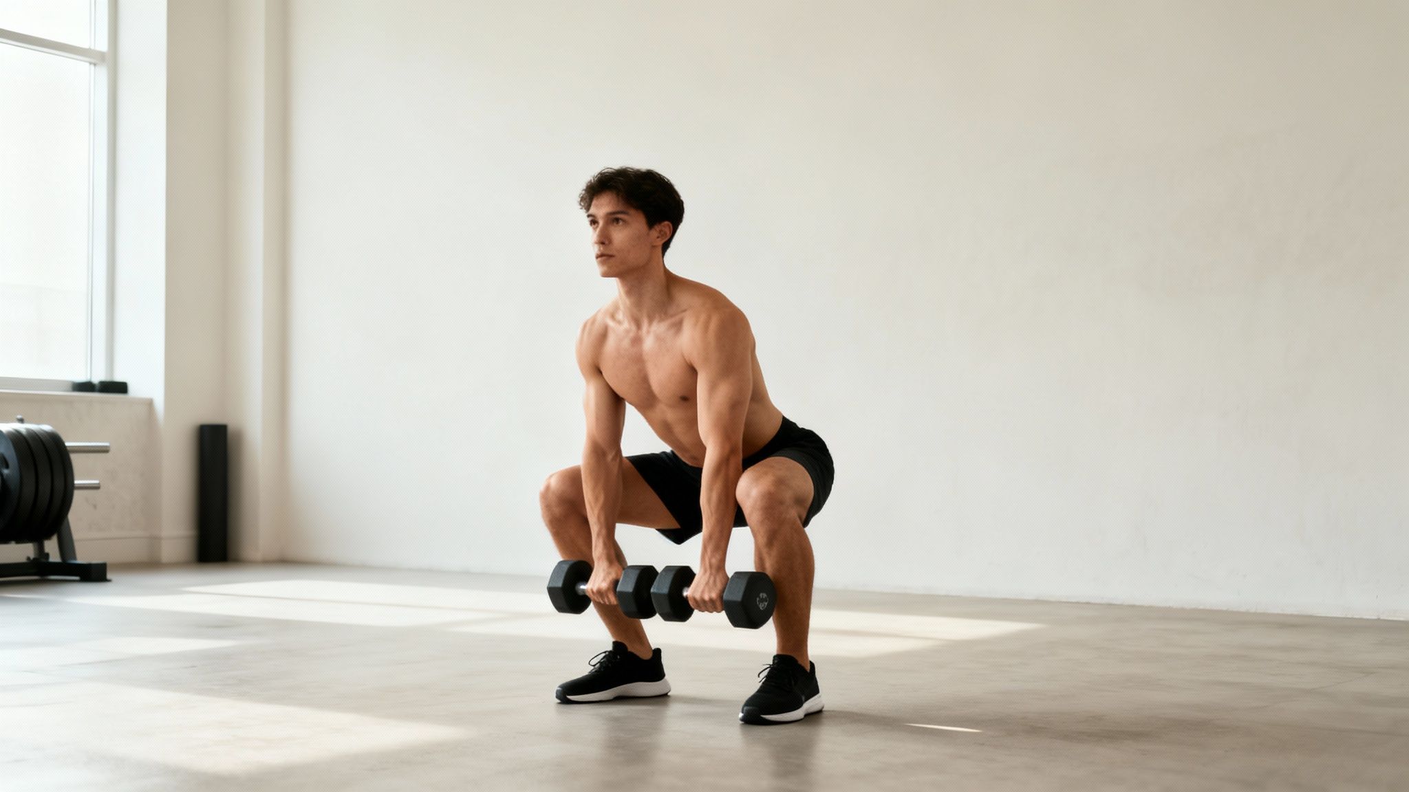 A shirtless man in black shorts performing a dumbbell squat in a bright gym setting.