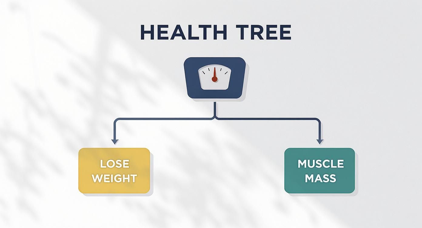 Flowchart illustrating health goals: a weighing scale icon branches into lose weight and muscle mass.