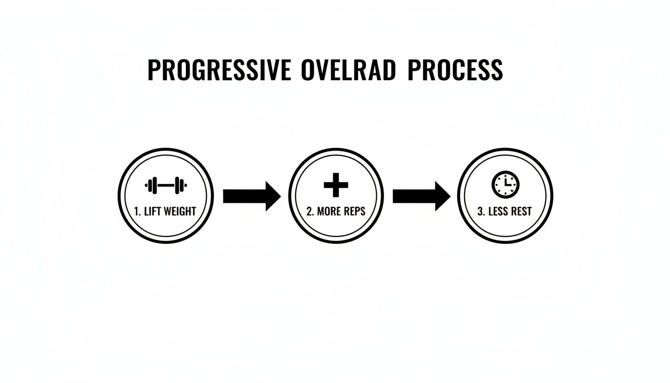 A diagram illustrating the progressive overload training process with three key steps.