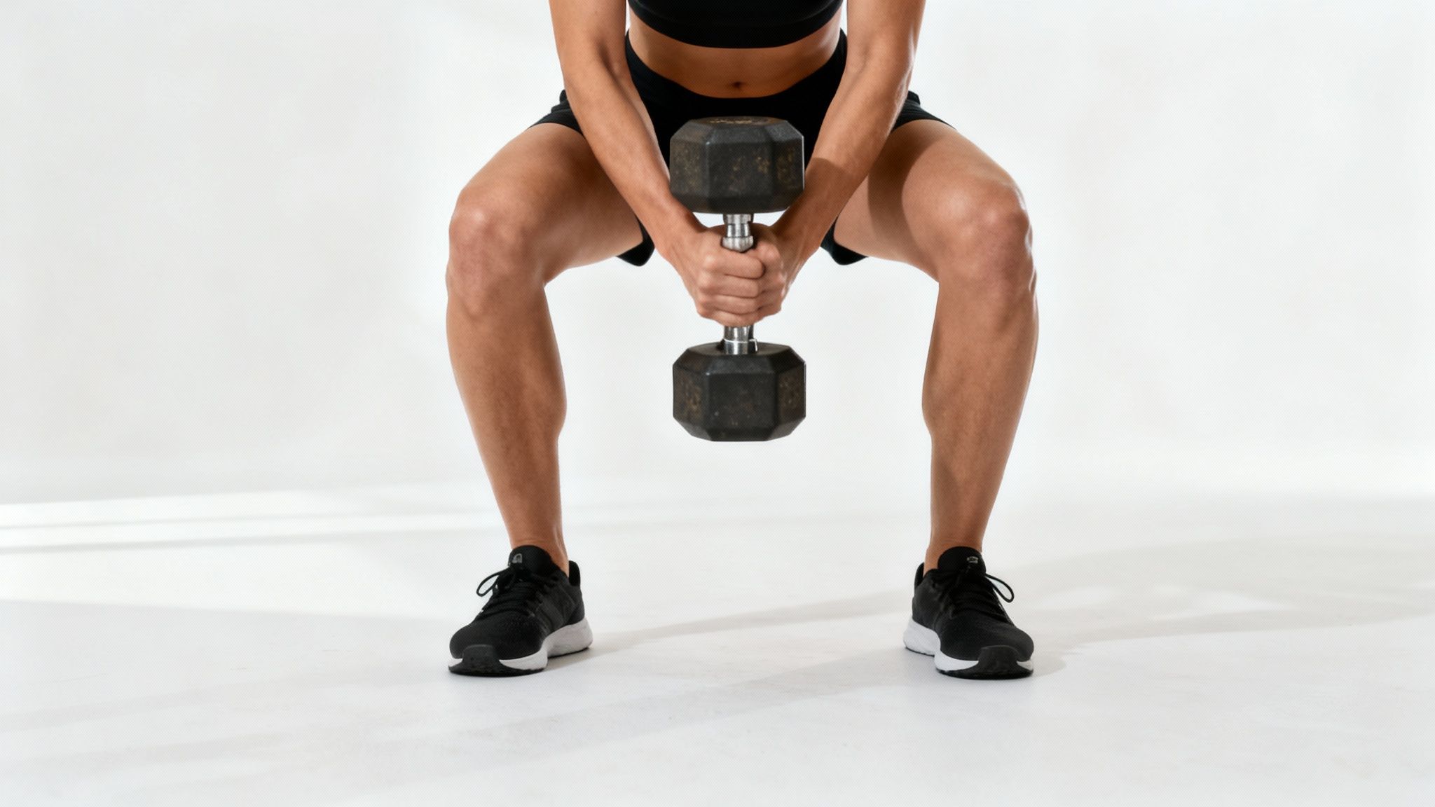 A person in black athletic wear performs a dumbbell sumo squat on a white background.