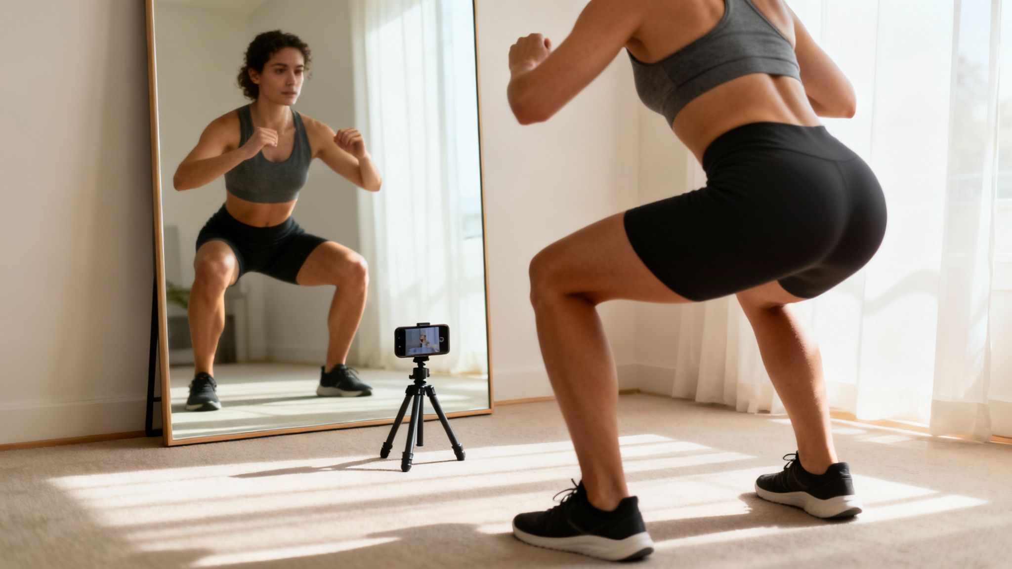 A woman in a sports bra and shorts performs squats in front of a mirror, recording her home workout.