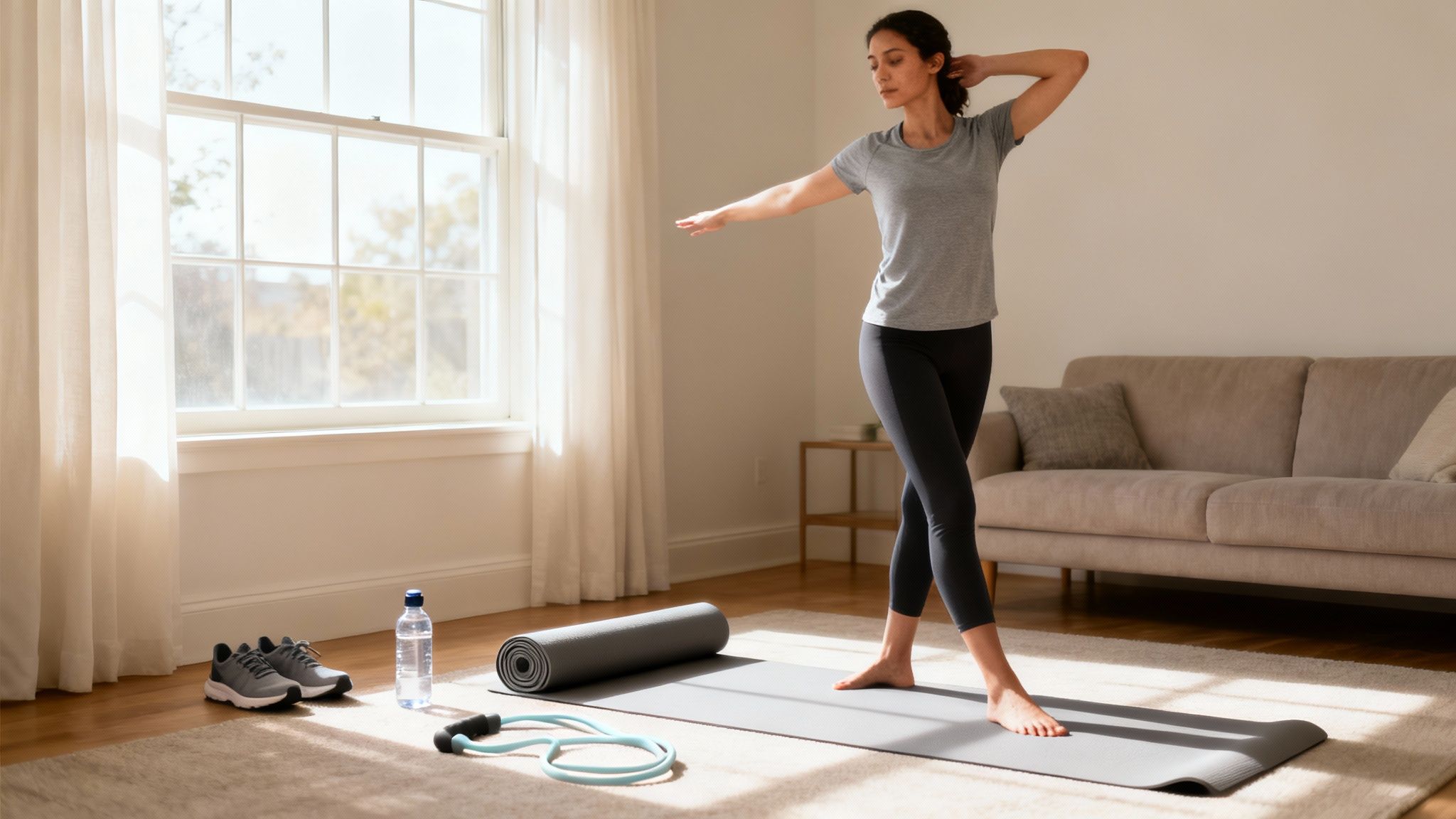 A young woman in workout clothes stretching in a bright living room with fitness equipment.