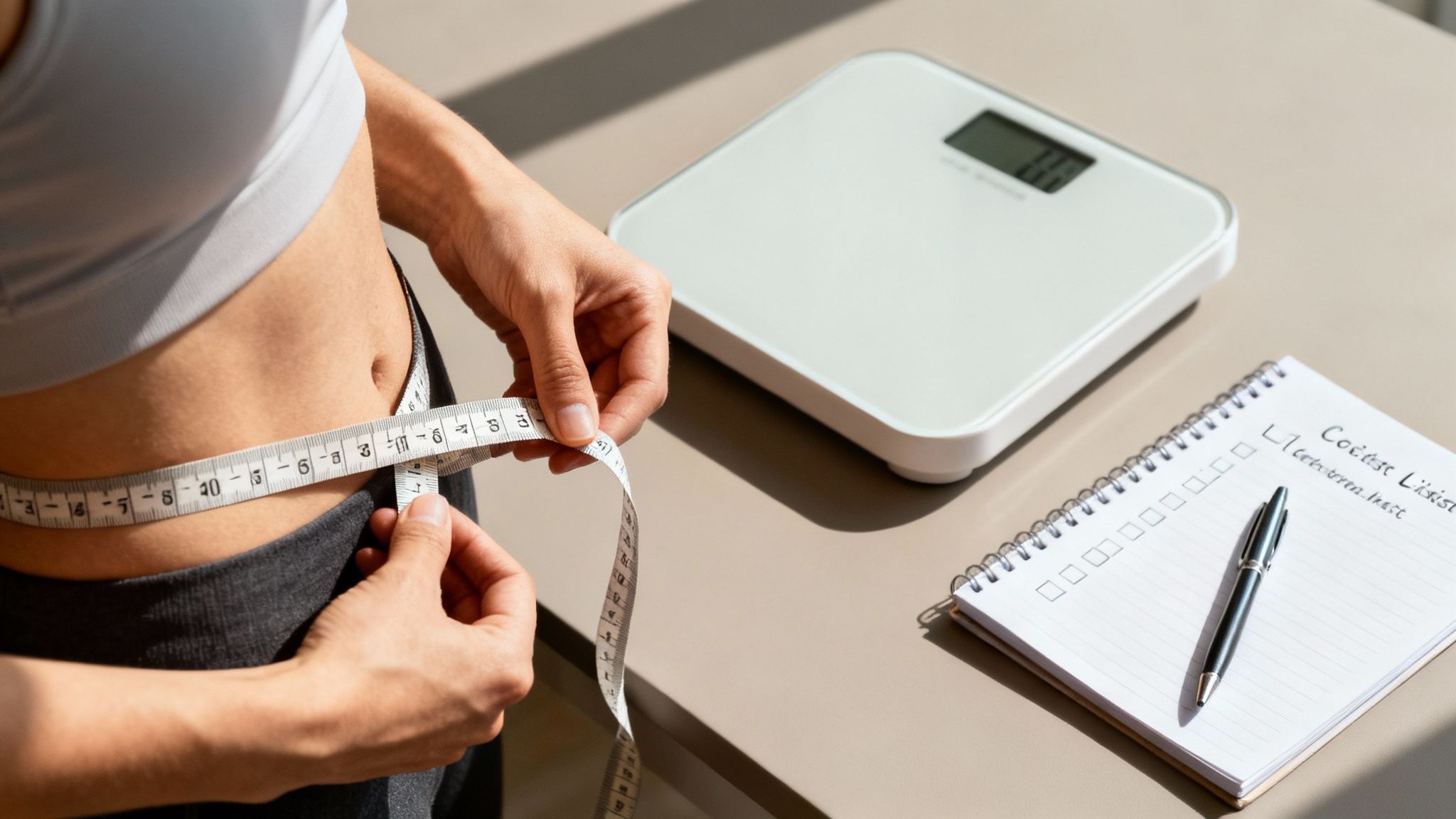A person measures their waist with a tape measure, next to a digital scale and a fitness journal.
