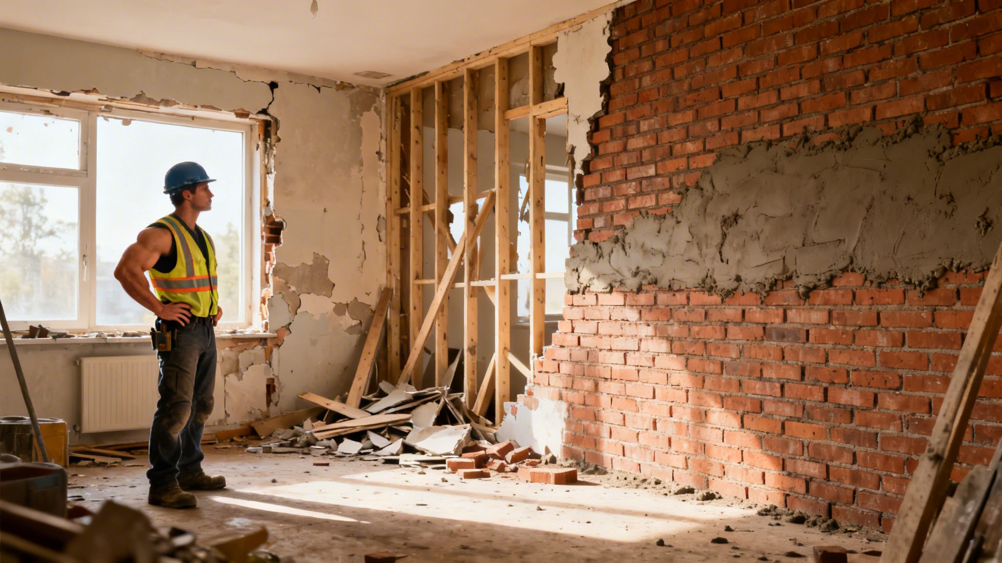 A construction worker in a hard hat stands in a room undergoing demolition or renovation, surrounded by debris, exposed brick, and wooden framing.