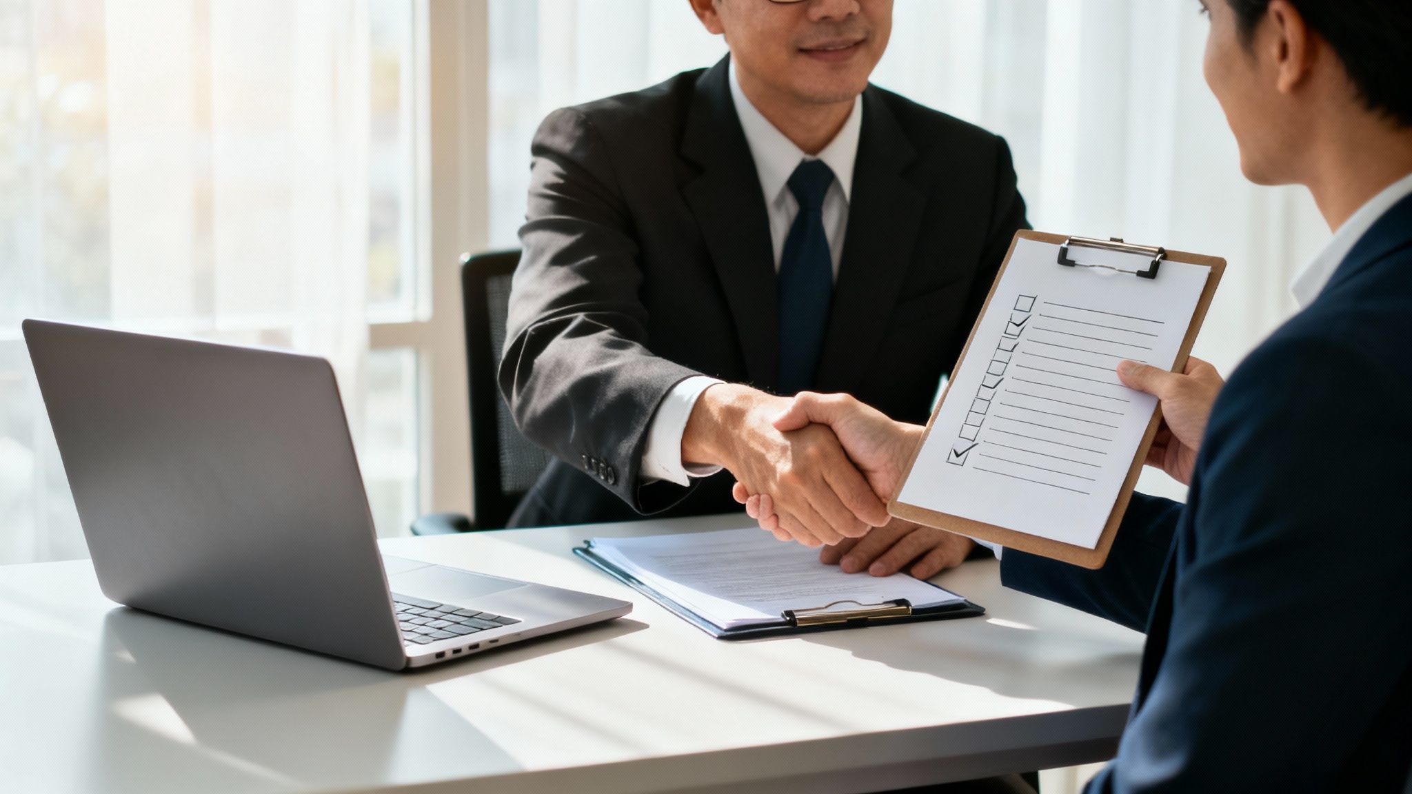 Un avocat discută cu un client la biroul său, analizând documente.