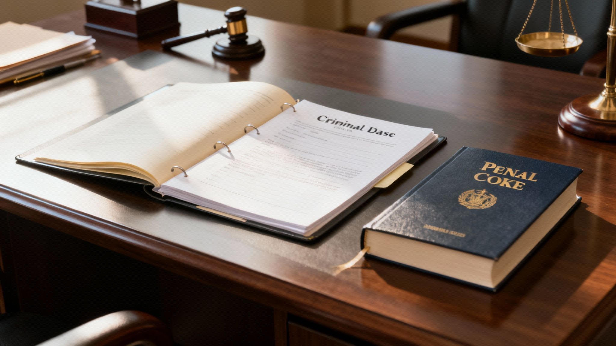 Un avocat specializat în drept penal discută cu un client la biroul său, analizând documente dintr-un dosar