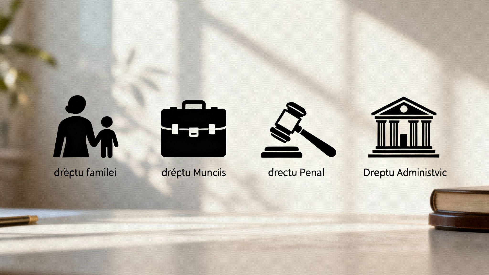 O busolă deasupra mai multor coduri de legi, indicând direcții diferite pentru fiecare ramură de drept