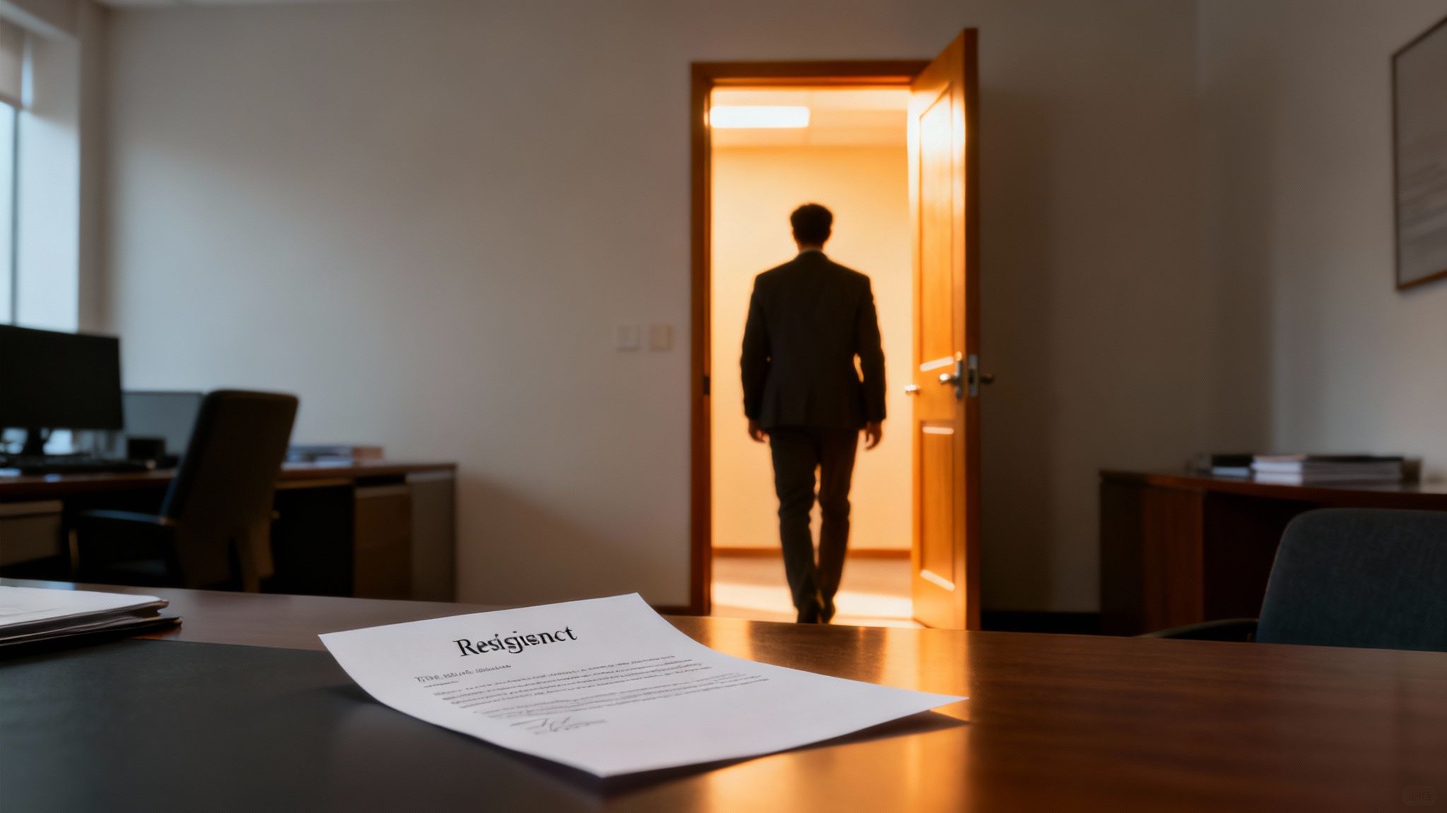 Un angajat predă o scrisoare de demisie unui manager, simbolizând transferul de responsabilitate și încetarea contractului.