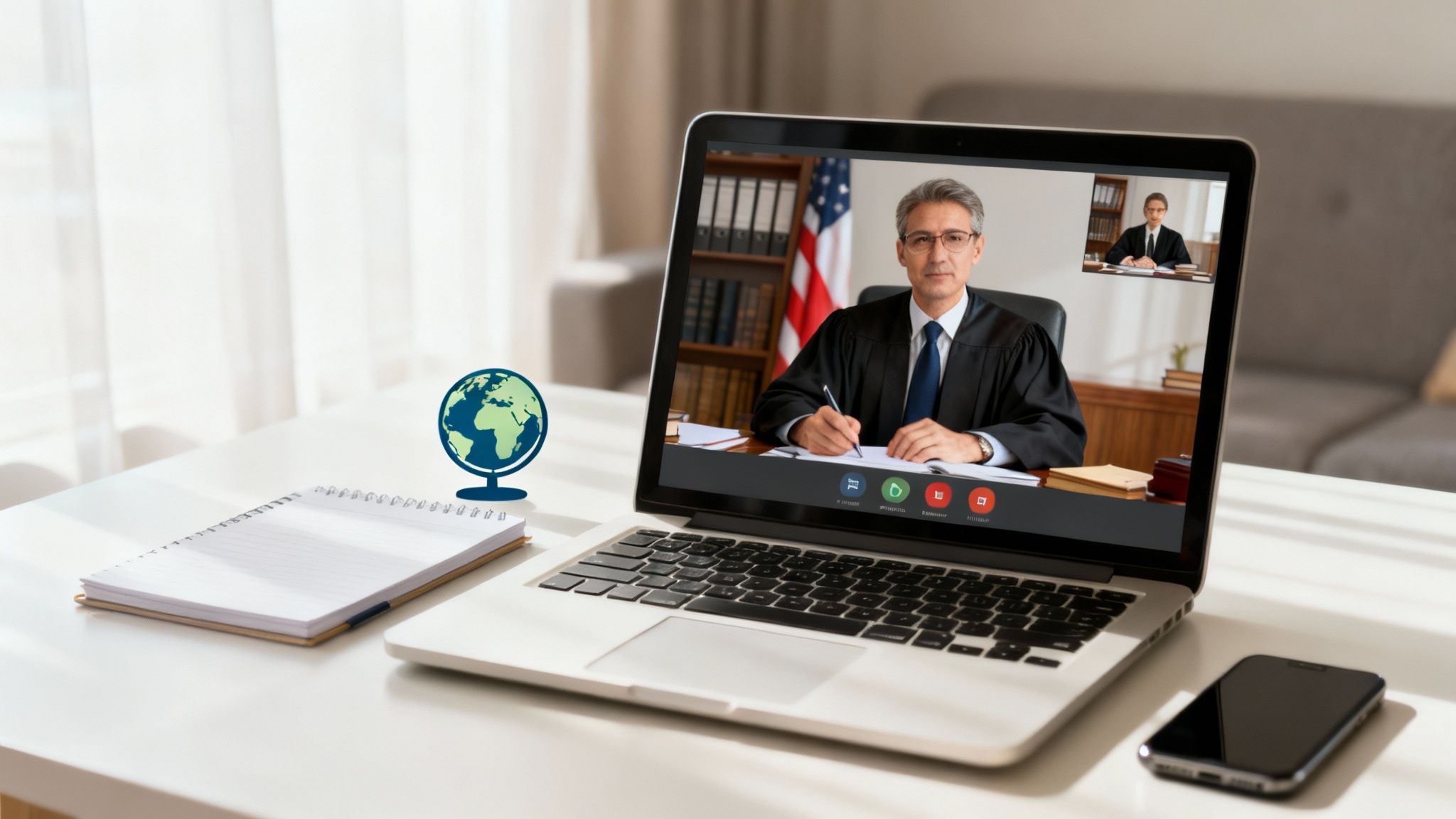 O persoană lucrează de acasă la un birou modern, cu vedere spre oraș, simbolizând telemunca.