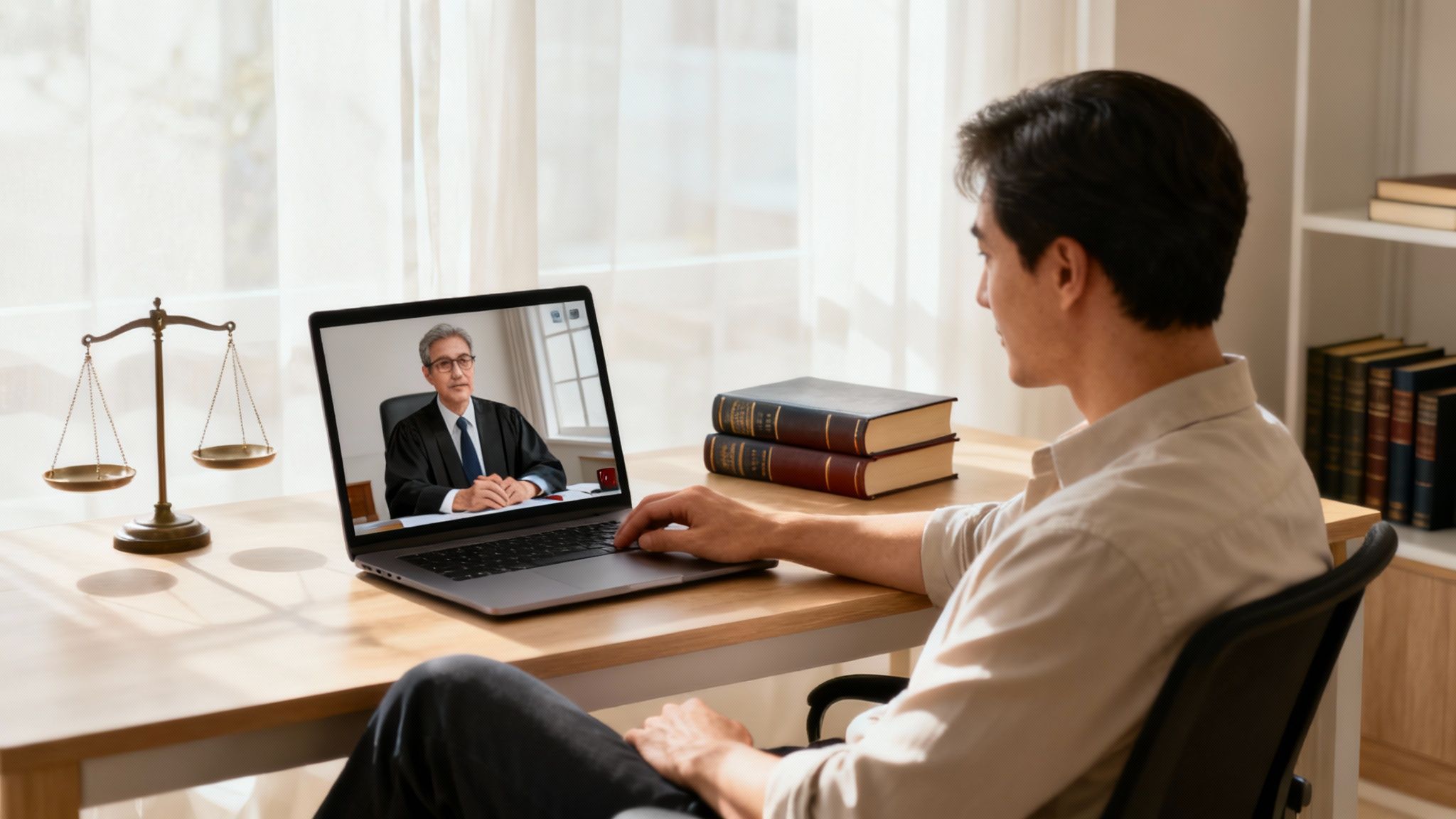 Un avocat oferind consultanță juridică online de la biroul său