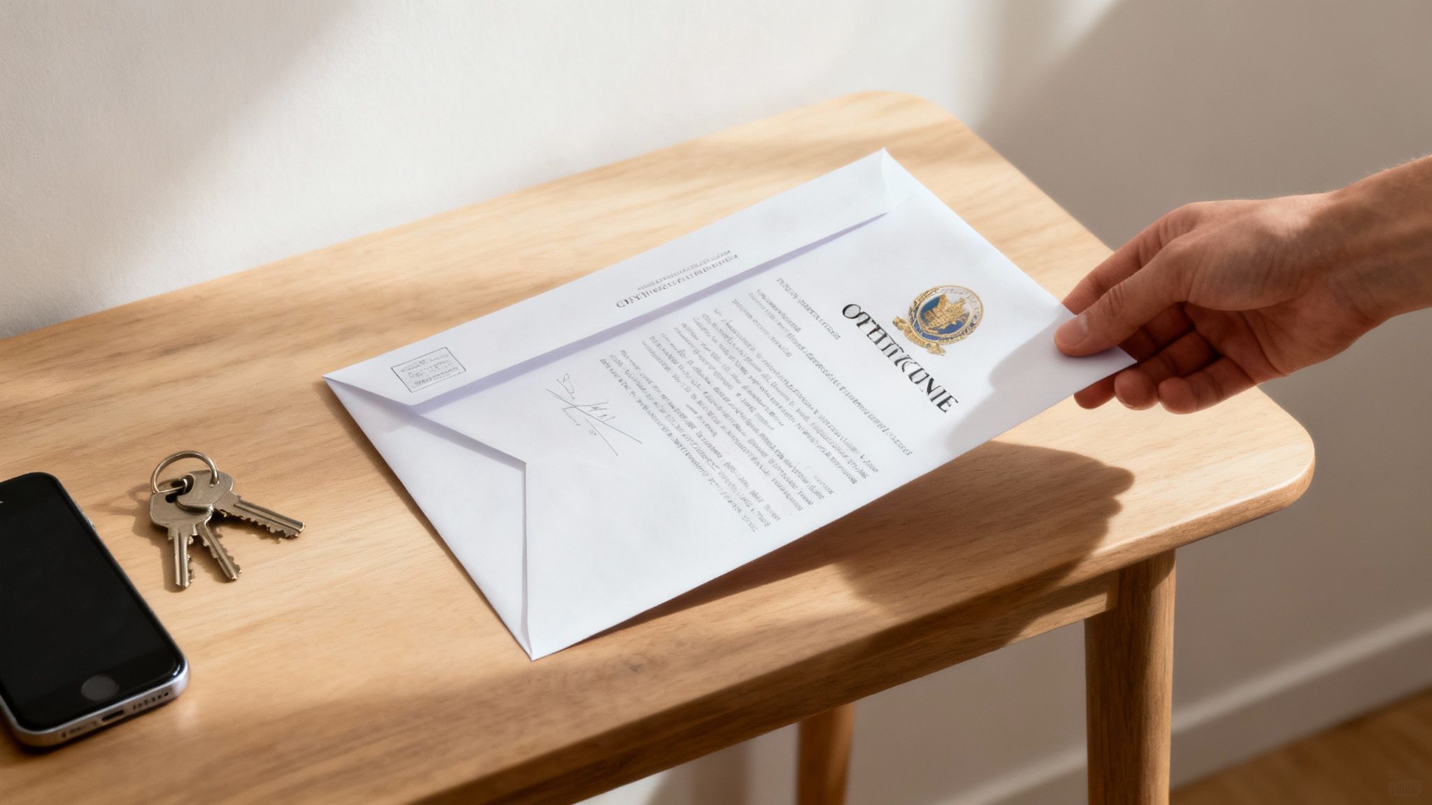 O citație pe o masă de birou, lângă un ciocănel de judecător și o pereche de ochelari