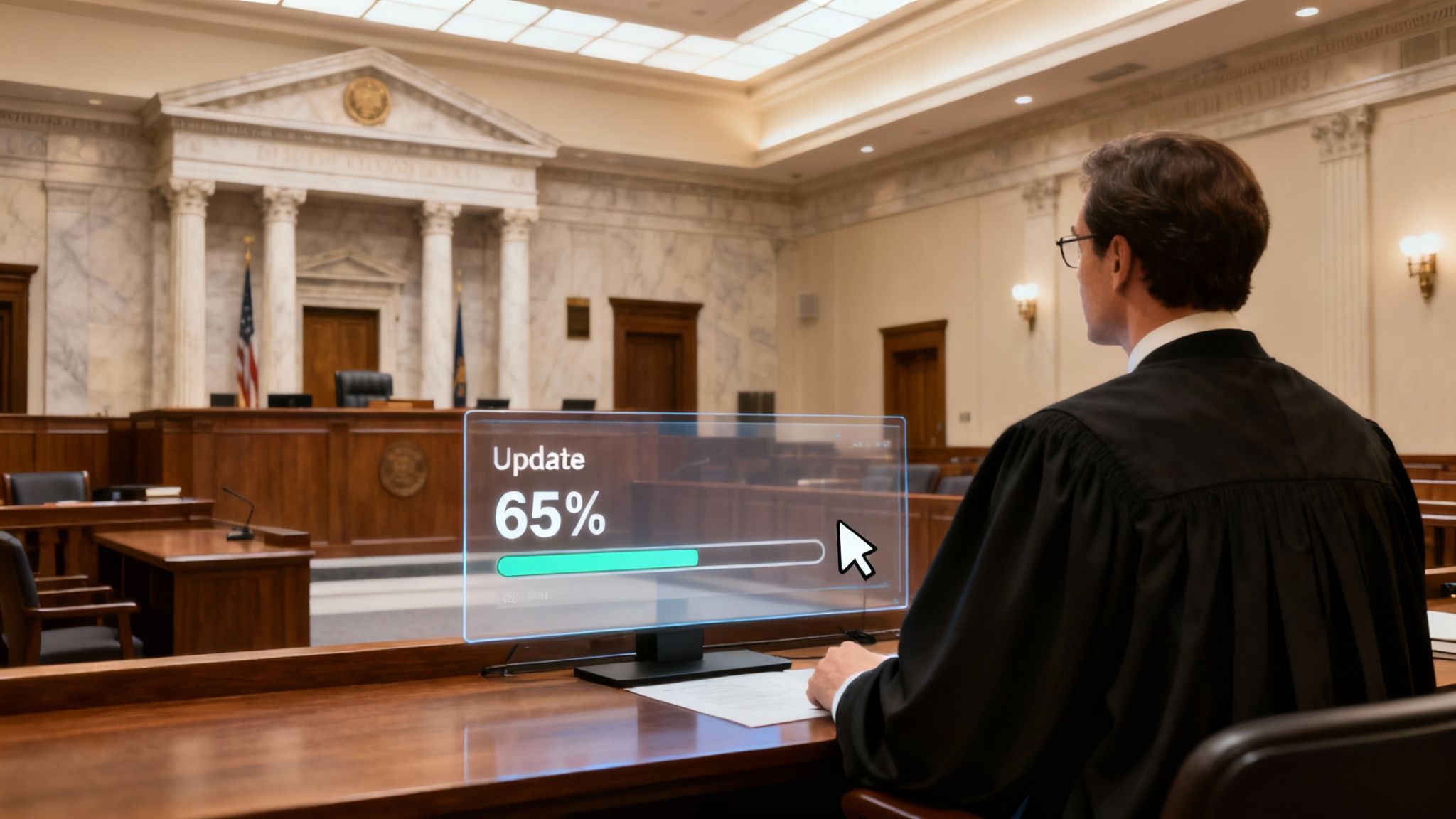 Avocat lucrând la un birou cu cărți juridice și un laptop