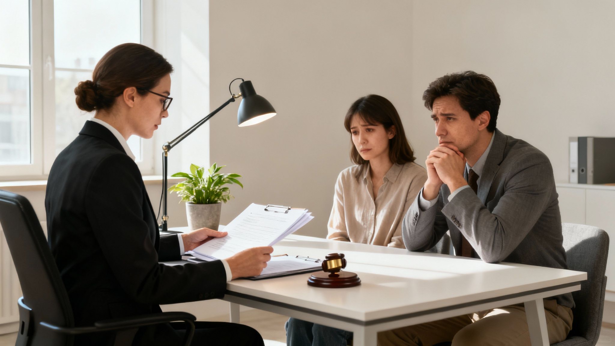 Un avocat discutând cu un client despre documente într-un birou modern