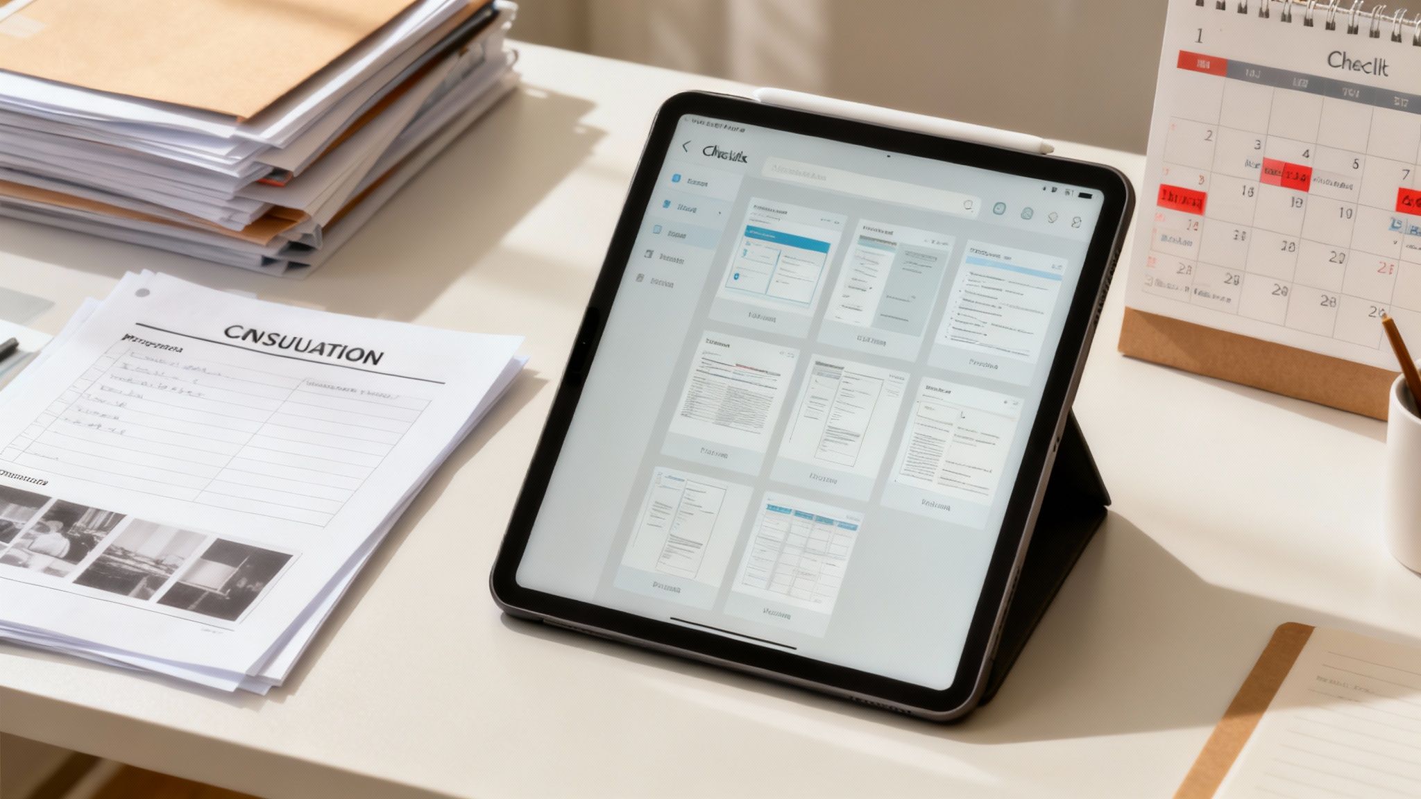 O persoană care își organizează documentele în fața laptopului, pregătindu-se pentru o ședință online