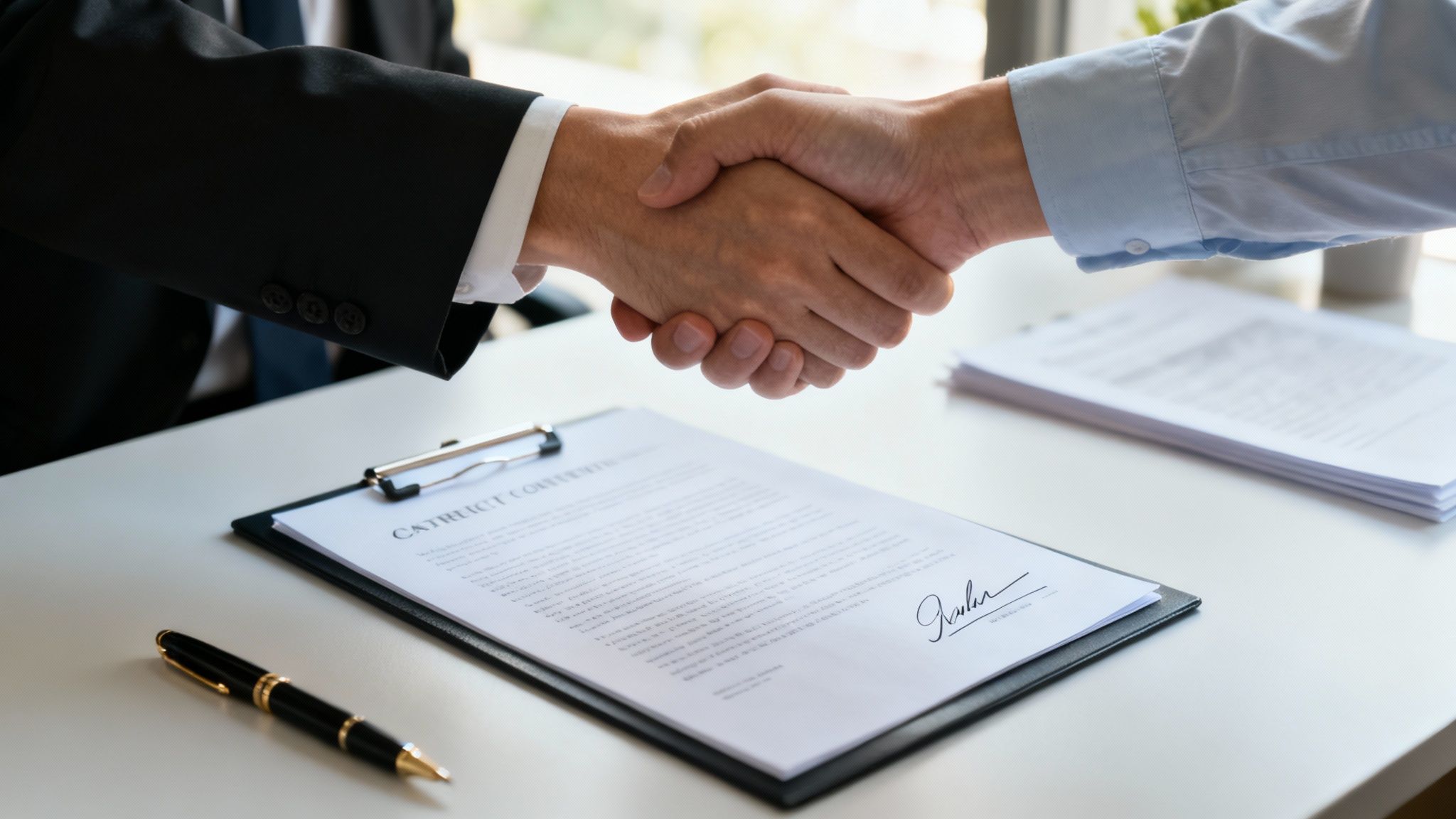 imagine cu un birou de avocat unde se semneaza documente