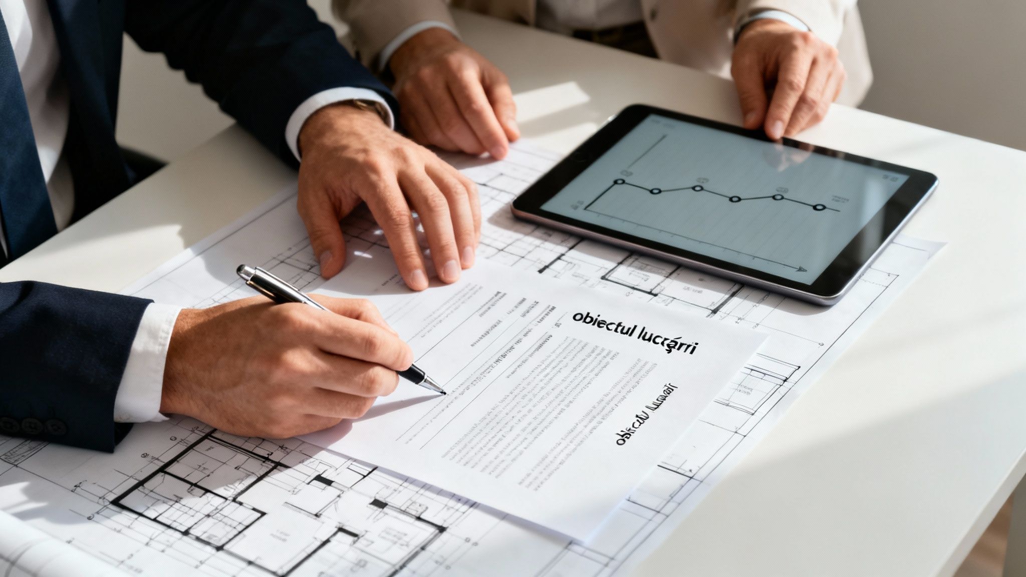 O persoană care verifică un plan de construcție, simbolizând atenția la detalii în contracte