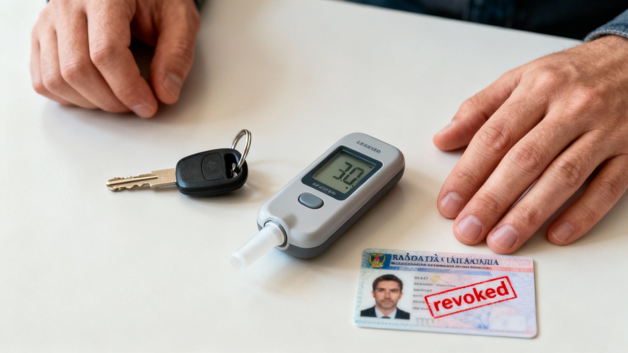 Șofer îngrijorat privind un etilotest, ilustrând consecințele conducerii sub influența alcoolului