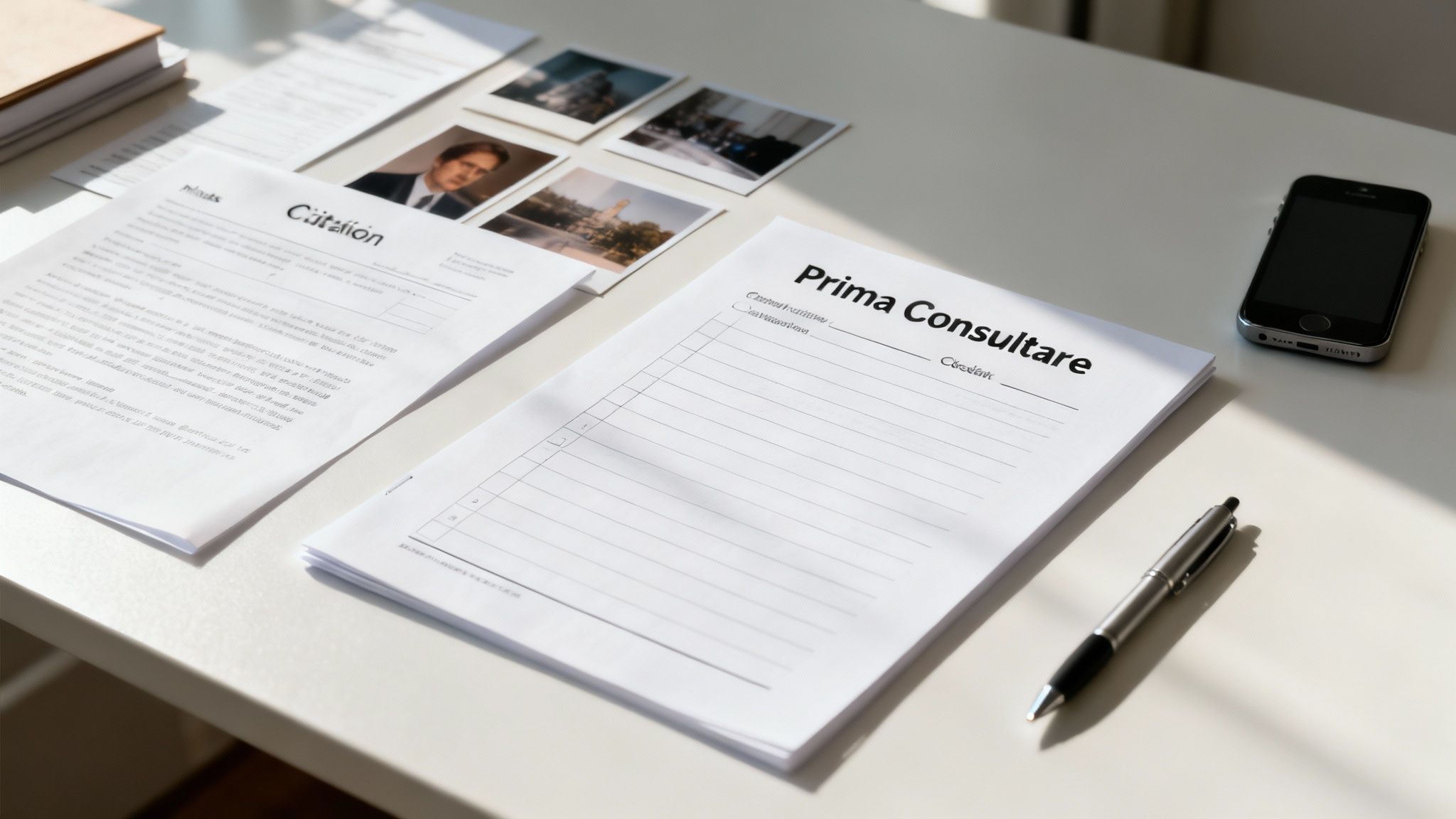 O masă de lucru ordonată cu documente juridice, ochelari și un stilou, simbolizând pregătirea pentru o întâlnire legală