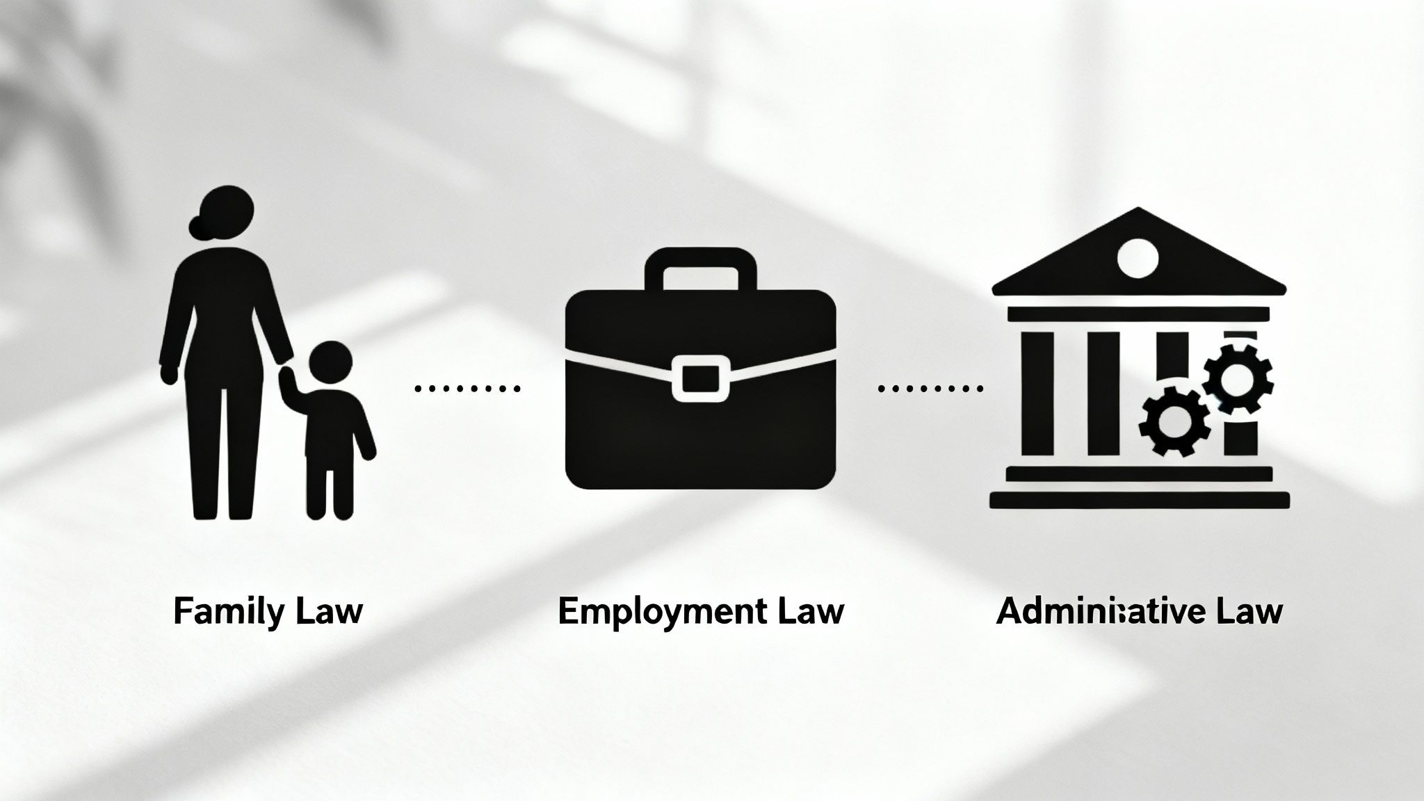 Imagine cu balanța justiției, o carte de cod penal și documente de familie și de muncă, simbolizând intersecția domeniilor juridice