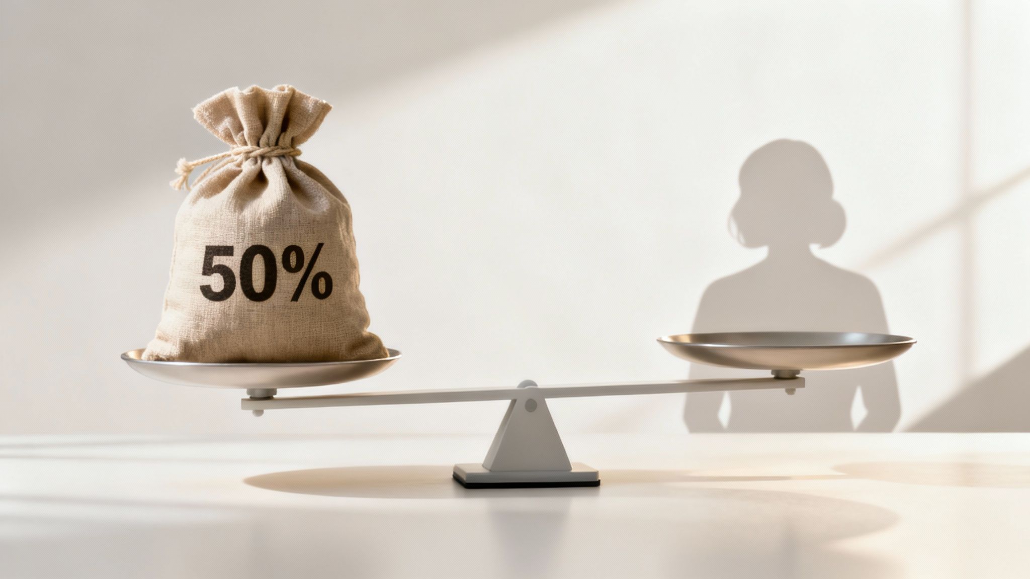 Imagine cu o balanță care cântărește o familie și un teanc de monede, simbolizând echilibrul financiar