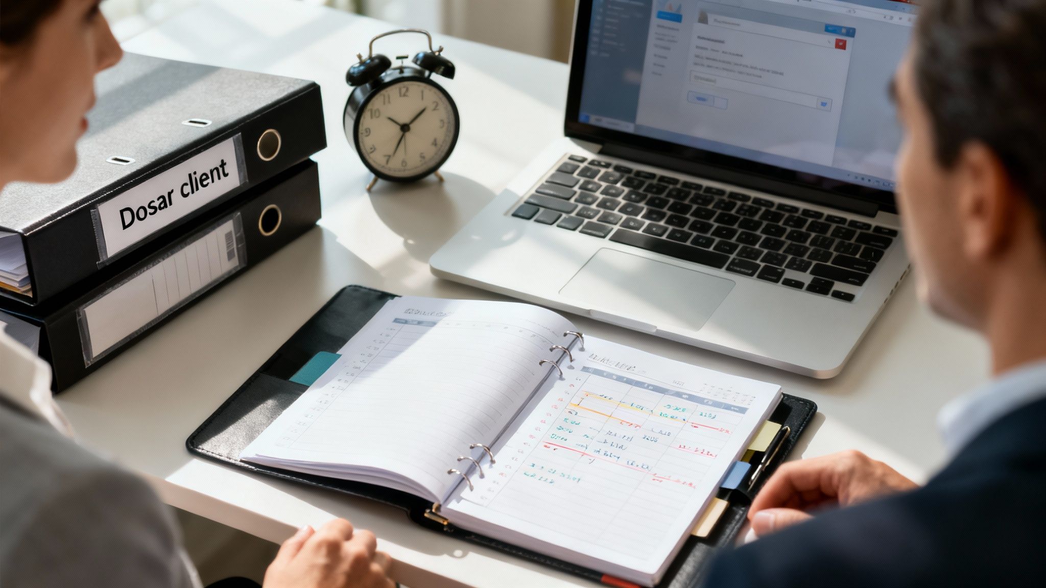 Avocat și client discutând documente într-un birou modern