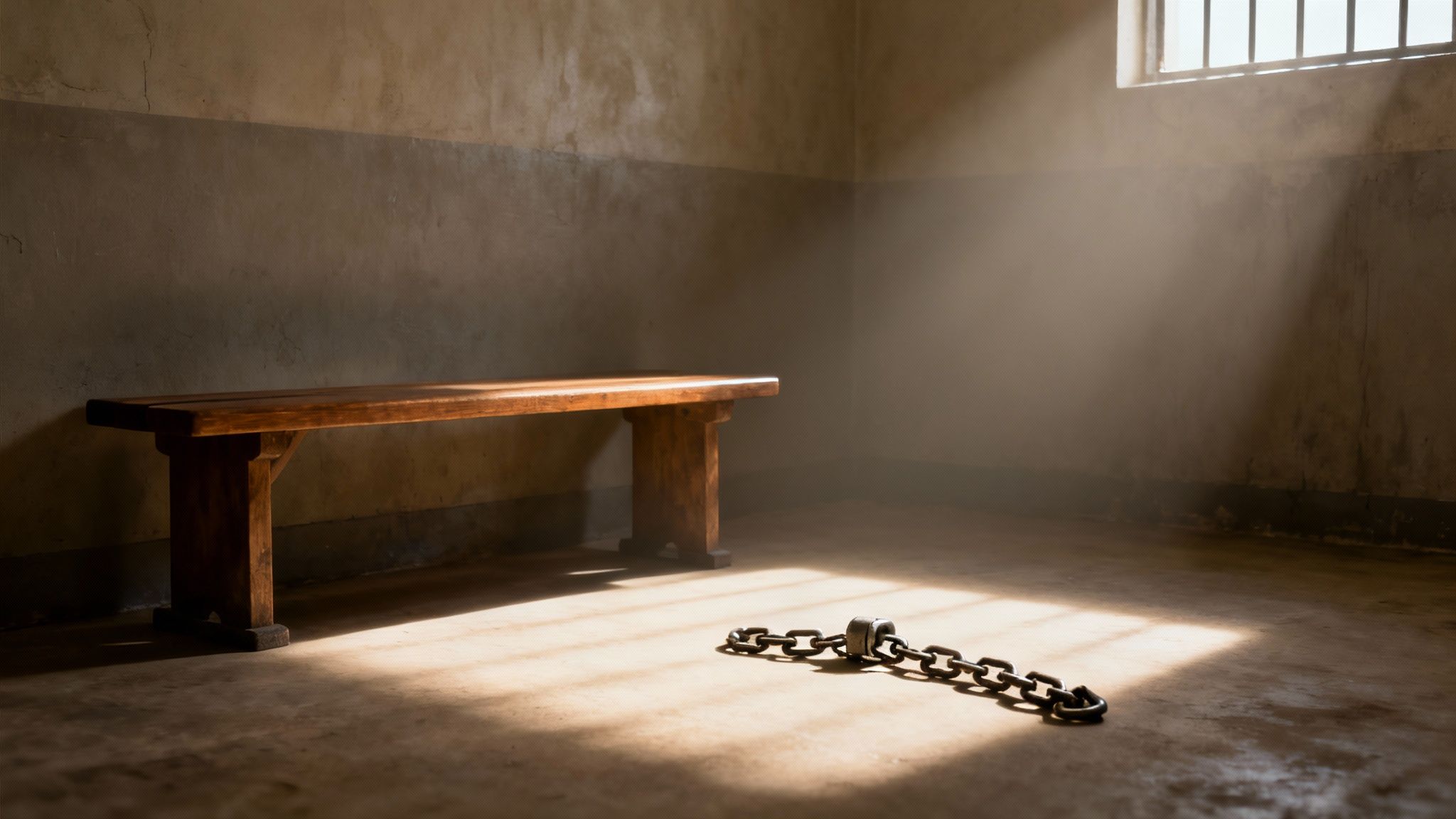 O persoană prinsă într-o cușcă simbolică, ilustrând lipsirea de libertate.