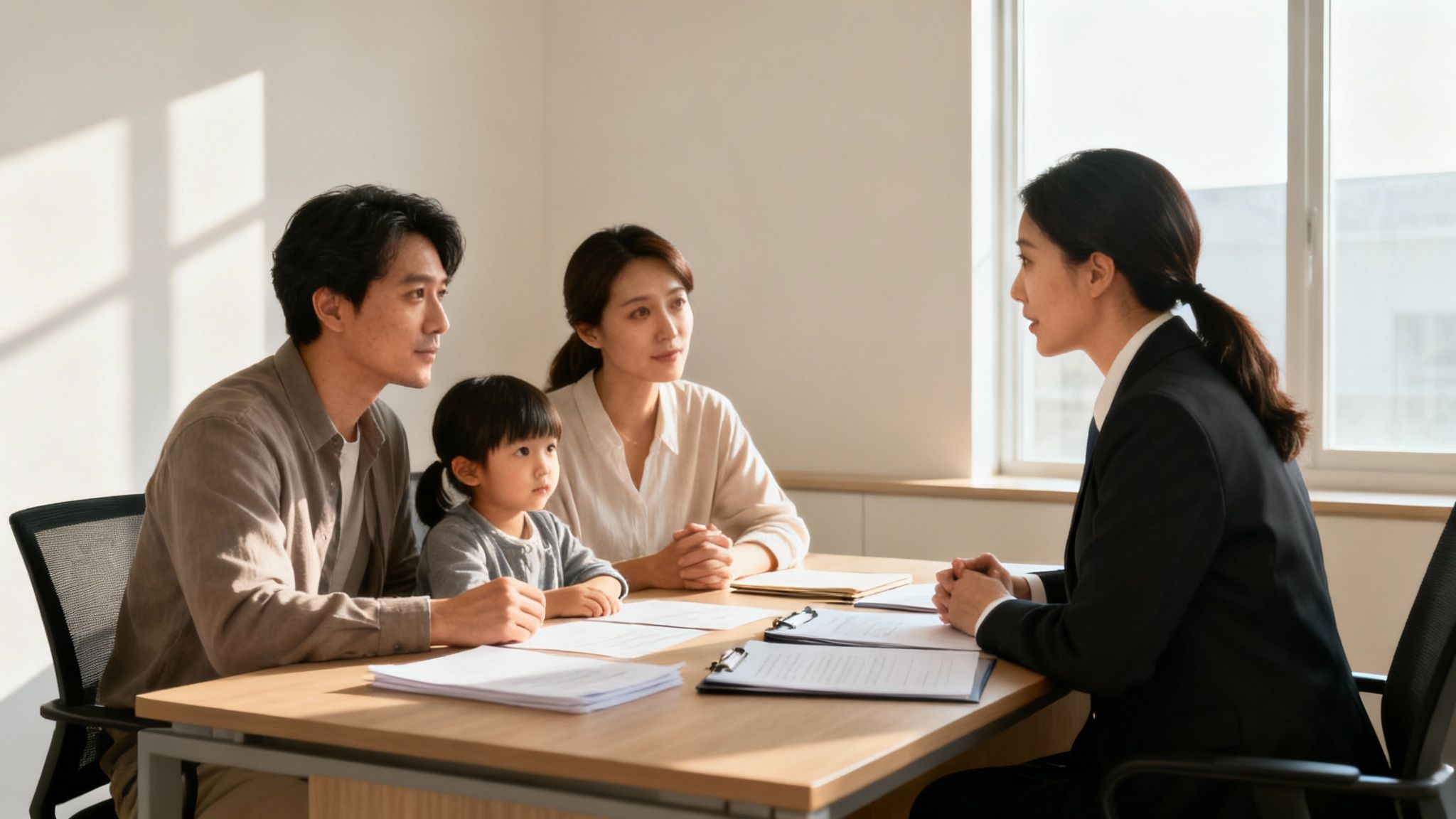 Un avocat care discută cu o familie într-un birou modern