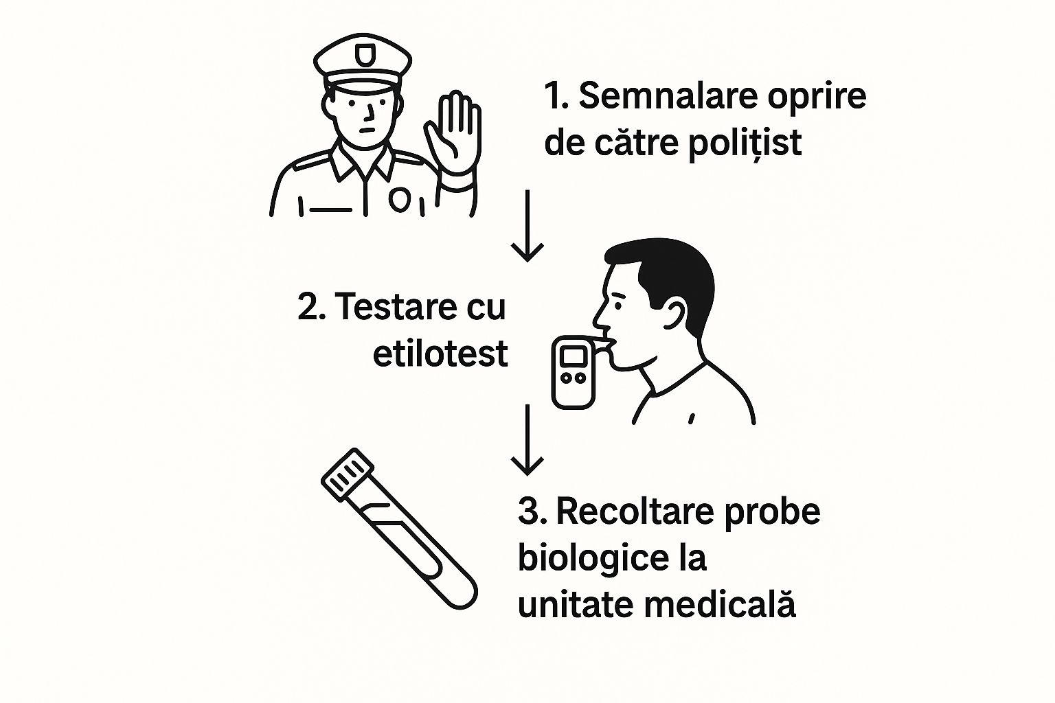 Infografic care prezintă pașii procedurii de constatare a alcoolemiei: 1. Semnalare oprire, 2. Testare cu etilotest, 3. Recoltare probe biologice