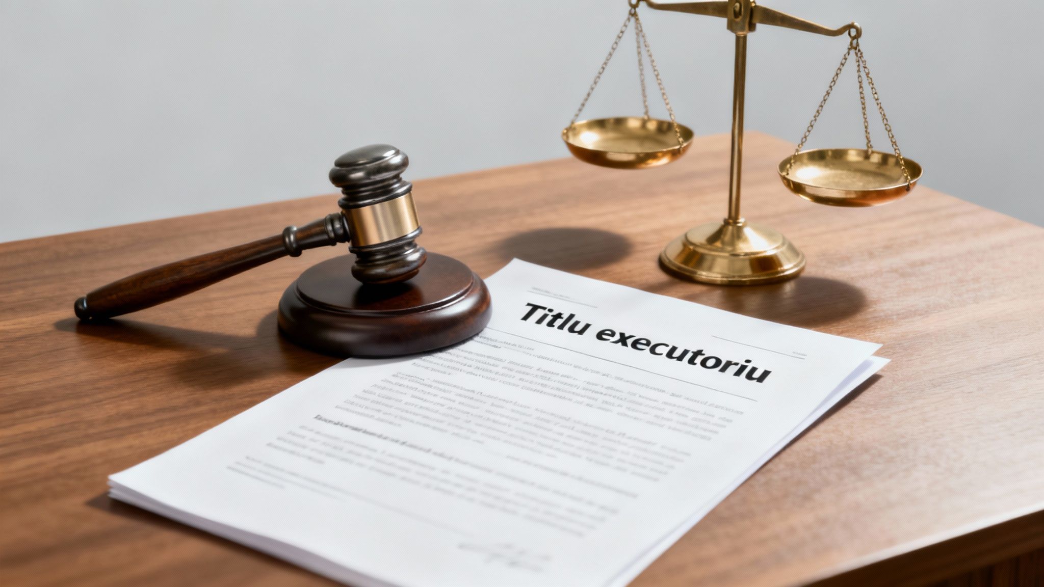 Executor judecătoresc revizuind documente legale pe un birou de lemn