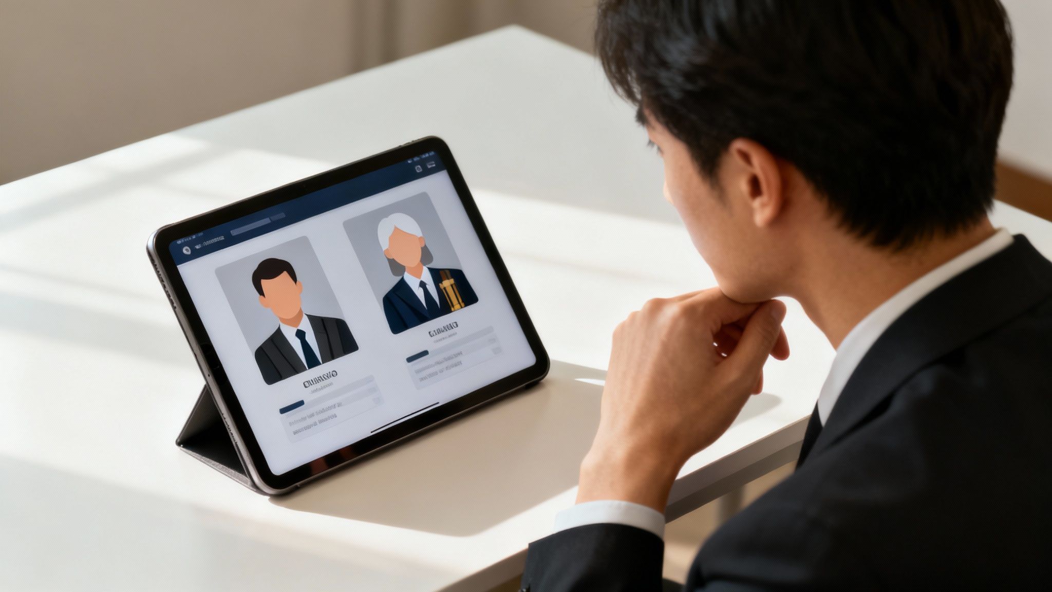 O persoană analizează profiluri de avocați pe un laptop, simbolizând procesul de selecție.