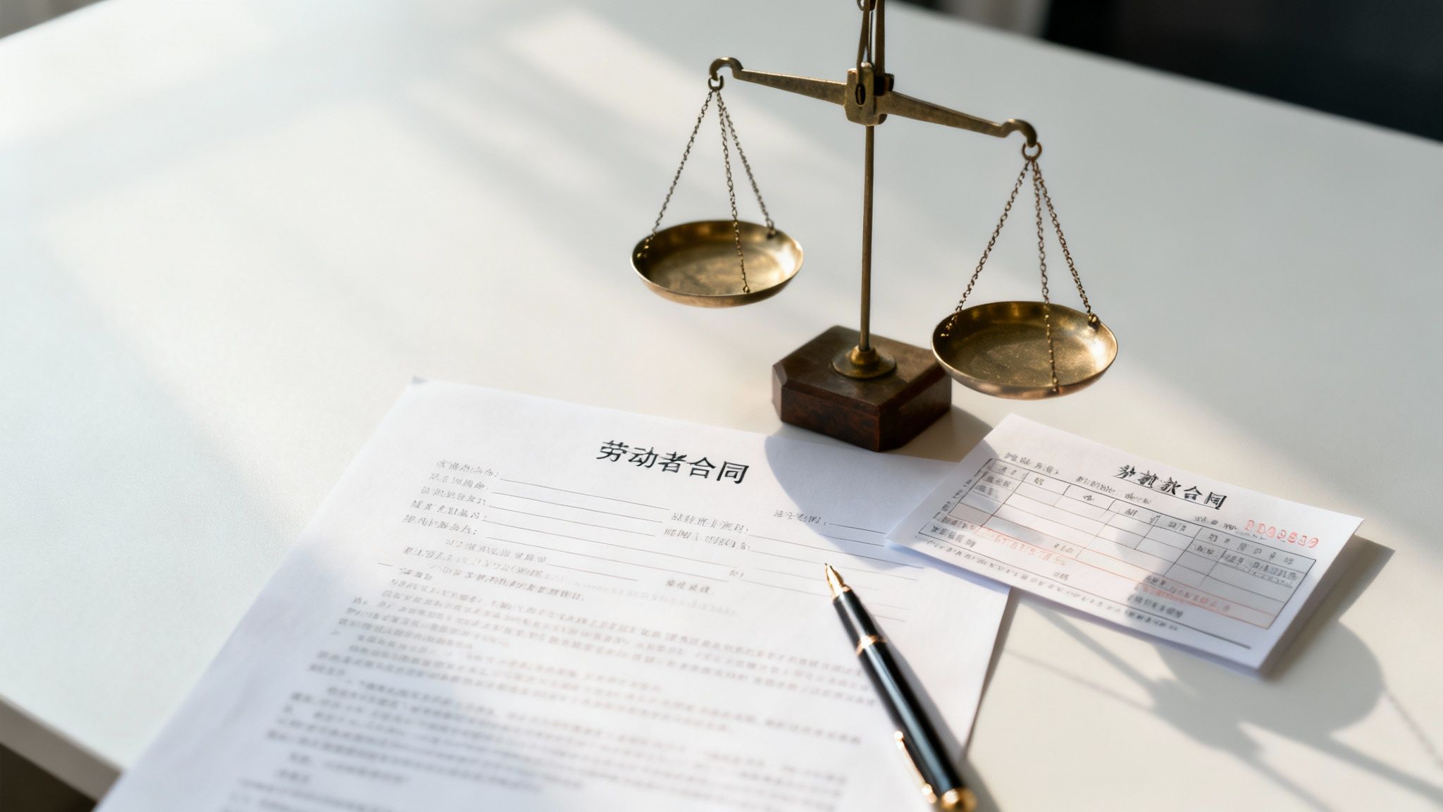 Un birou cu documente legale și un calculator, simbolizând drepturile și obligațiile angajatului