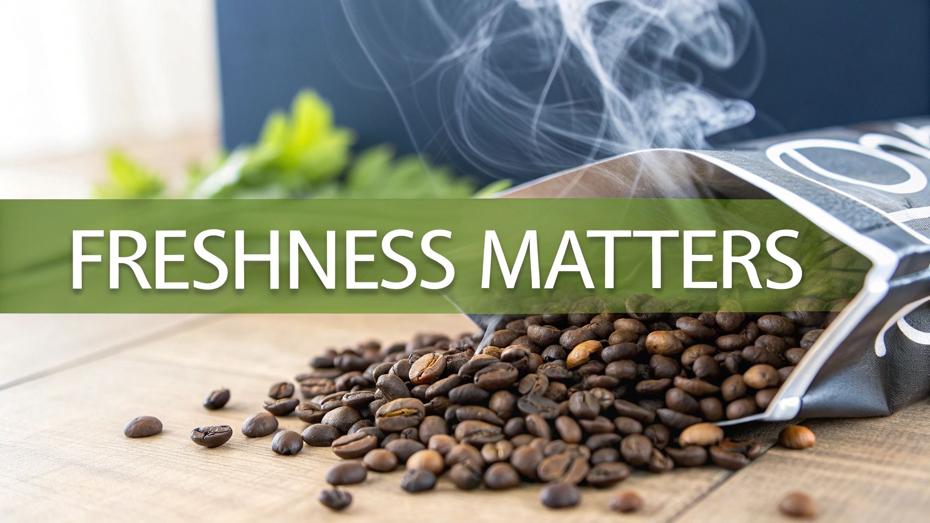 Freshly roasted coffee beans spilling from an open bag on a wooden table with rising steam and text 'FRESHNESS MATTERS'.