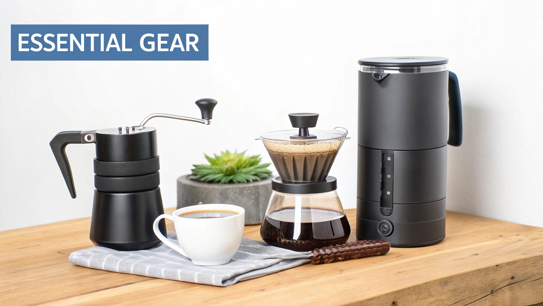 A collection of essential coffee brewing equipment, including grinder, pour-over, and electric maker, with a cup of coffee.