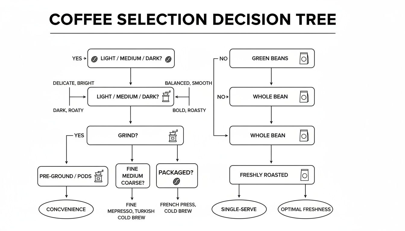 A coffee selection decision tree flowchart showing choices for roast, grind, and packaging.