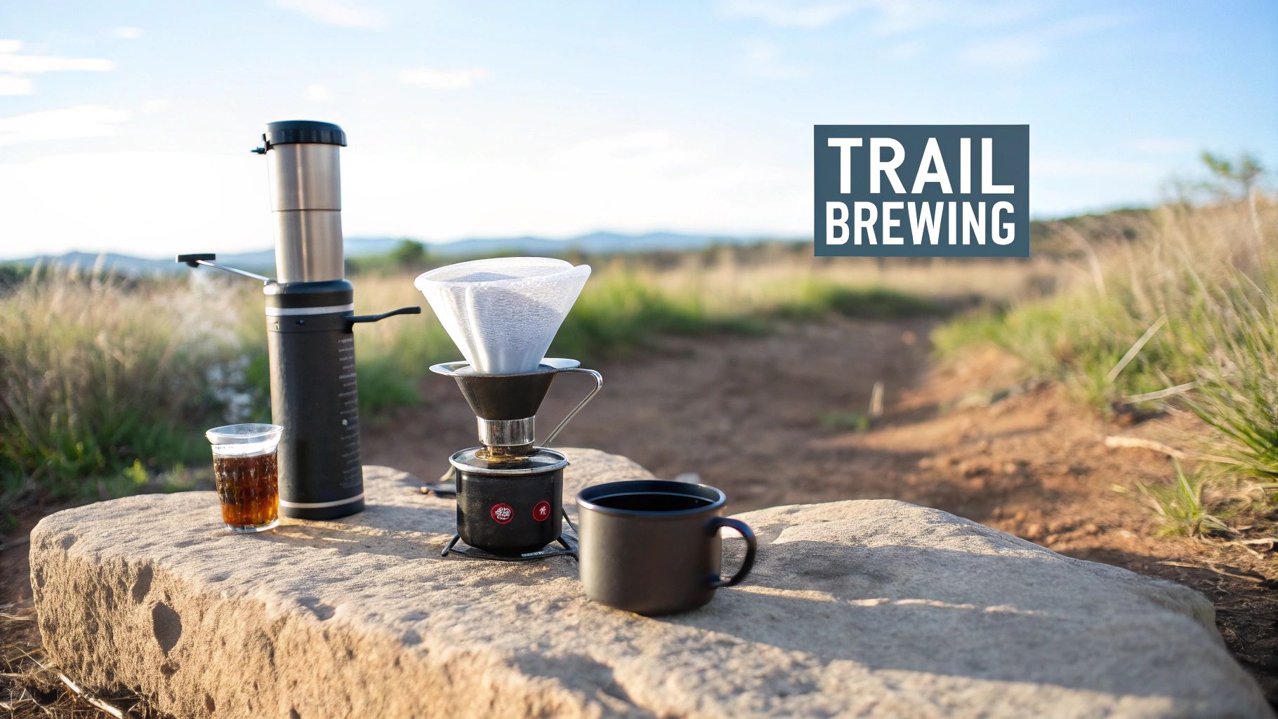 A complete coffee brewing setup on a rock outdoors, featuring a grinder, pour-over, and mug with a trail background.