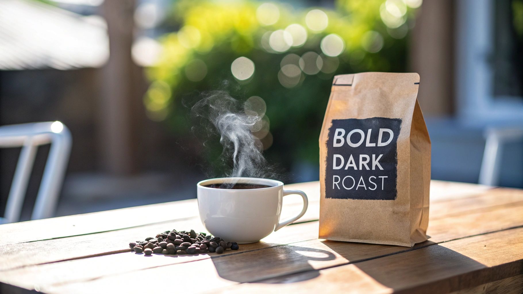 A steaming white mug of dark roast coffee, a bag of 'BOLD DARK ROAST', and coffee beans on a wooden table outdoors.