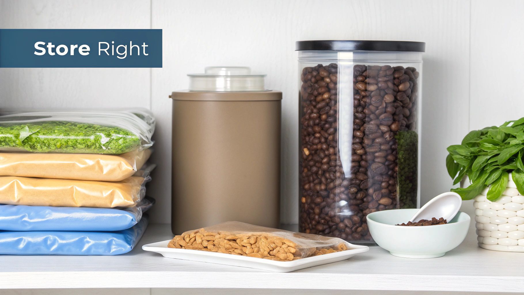 Various food items stored on a white shelf, including coffee beans, vacuum-sealed bags, and herbs.