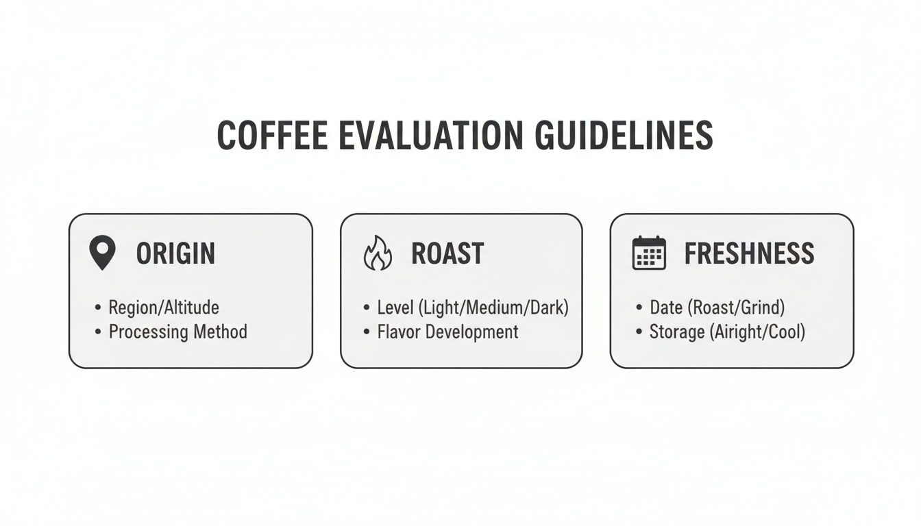 Infographic detailing coffee evaluation guidelines covering origin, roast level, and freshness factors.