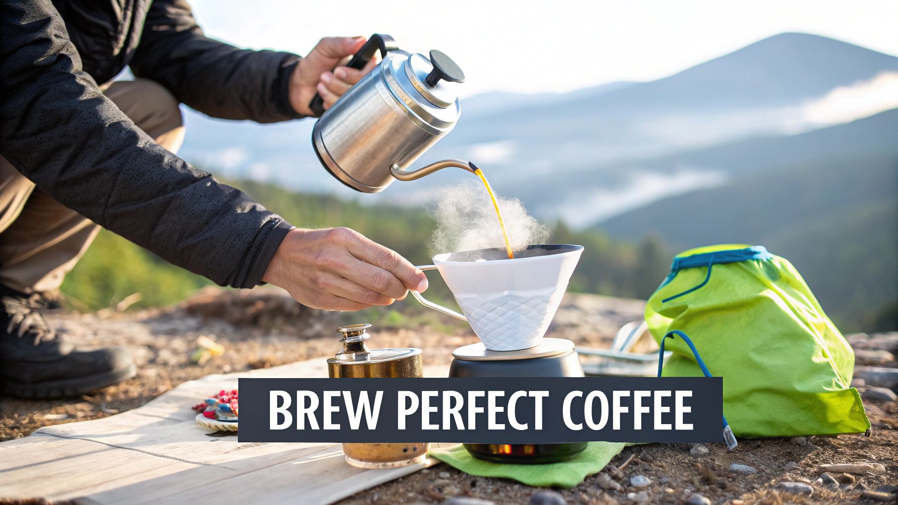 A person brews pour-over coffee outdoors with a gooseneck kettle, dripper, and scenic mountain views.