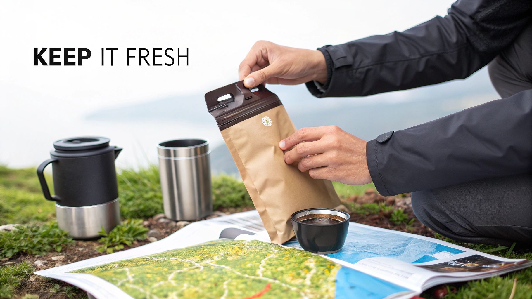 A person opening a coffee bag outdoors next to a coffee pot, travel mug, and fresh brewed coffee.
