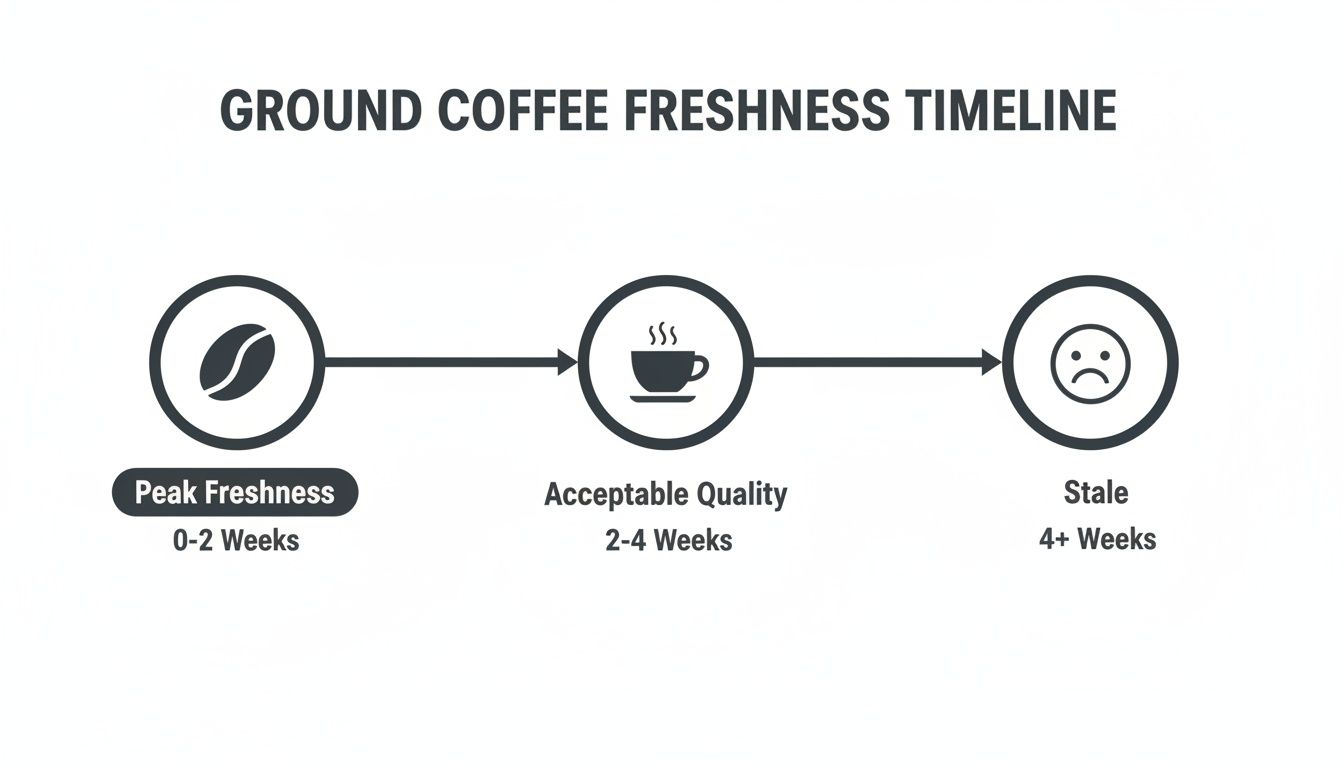 Infographic illustrating the ground coffee freshness timeline: peak (0-2 weeks), acceptable (2-4 weeks), and stale (4+ weeks).