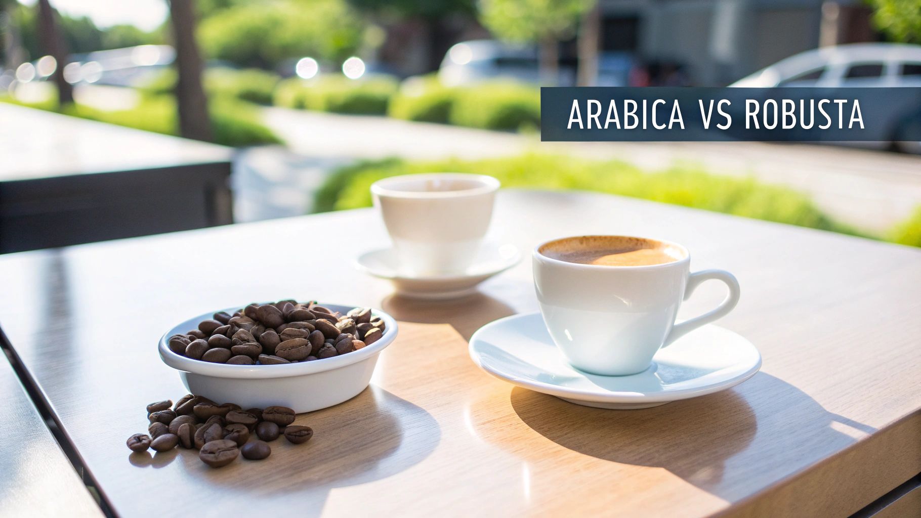 Two cups of coffee and roasted beans on a sunny outdoor table, discussing Arabica vs Robusta.
